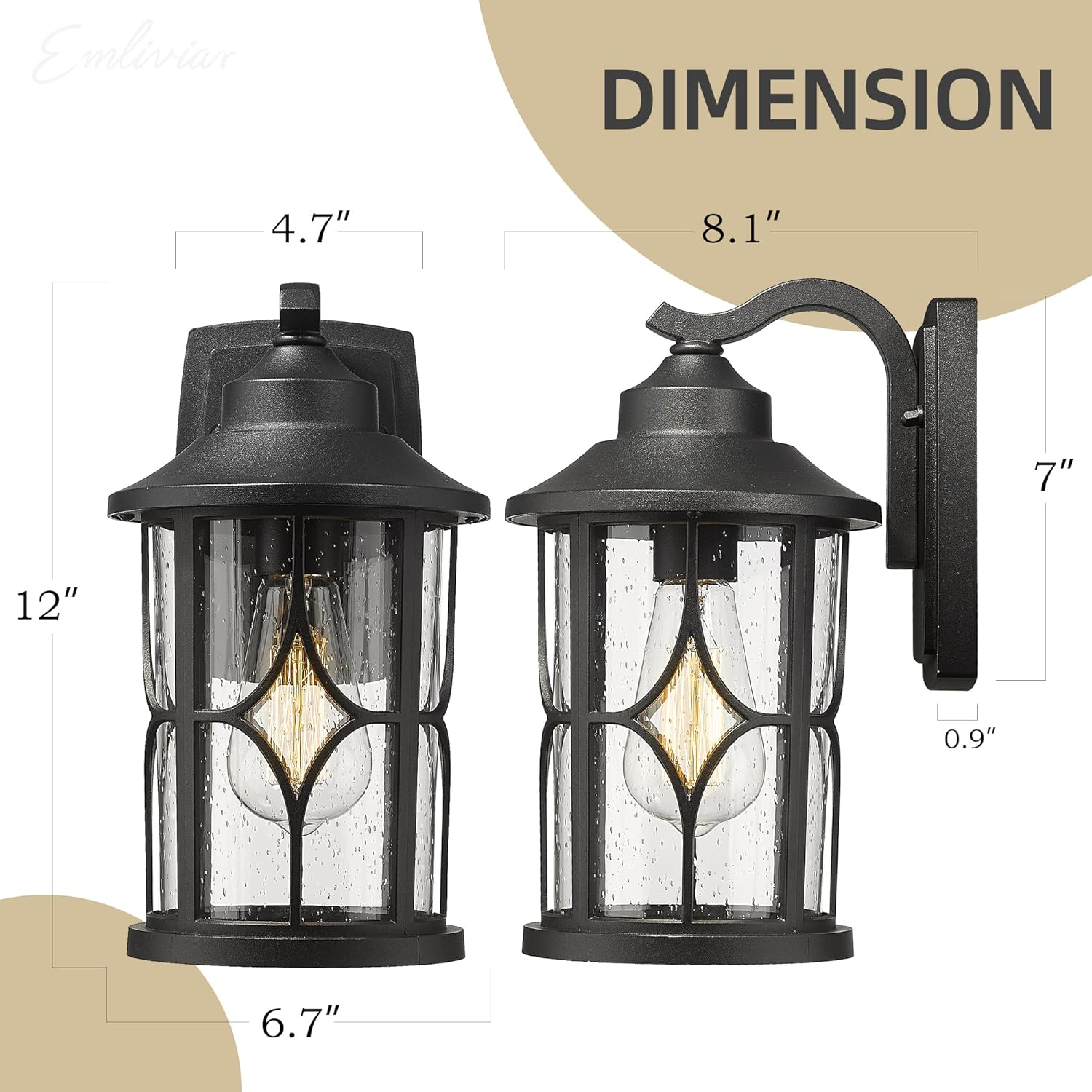 EMLIVIAR Farmhouse Outdoor Wall Lantern - 12 Inch Exterior Wall Sconce, Cast Aluminum with Seeded Glass, Black Finish, AUX04B BK