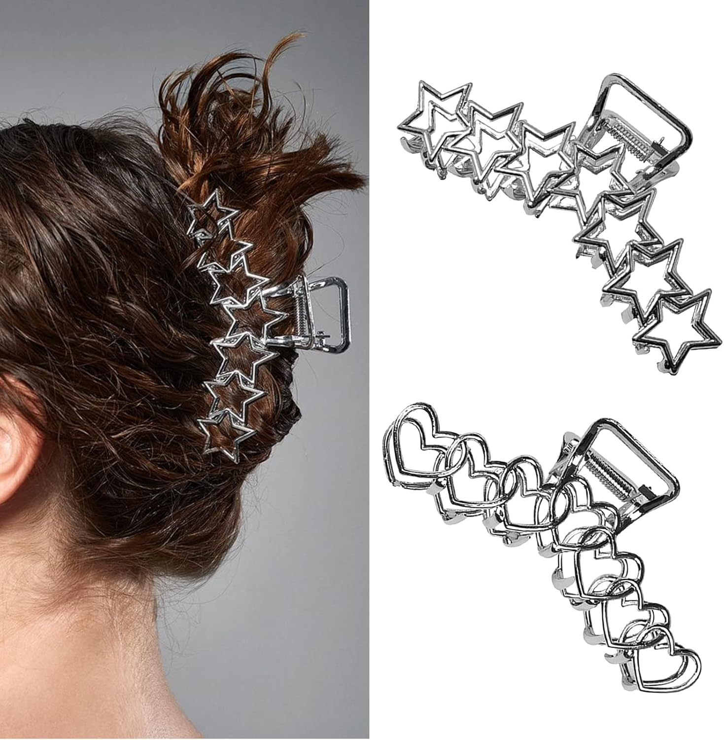 VOTACOS 2PCS Y2K Metal Hair Claw Clips Star Heart Hair Clips for Women Big Nonslip Design Claw Hair Clips for Thick and Thin Hair Stitching Silver Large Hair Accessories for Women and Girls.