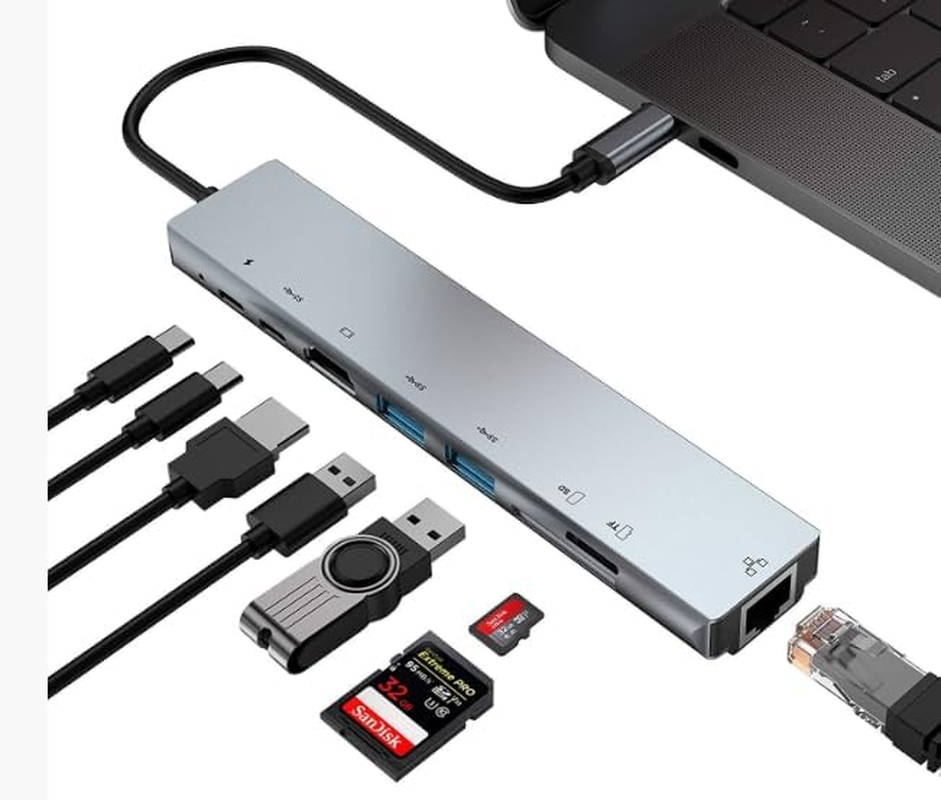 USB C Hub Multiport Adapter with Ethernet, Laptop Docking Station 8 in 1 Hub with 4K HDMI RJ45 PD 100W SD/TF Card Slot USB3.0 and OTG Port Suitable for Macbook, HP, XPS, Chromebook, Surface, PC, Etc