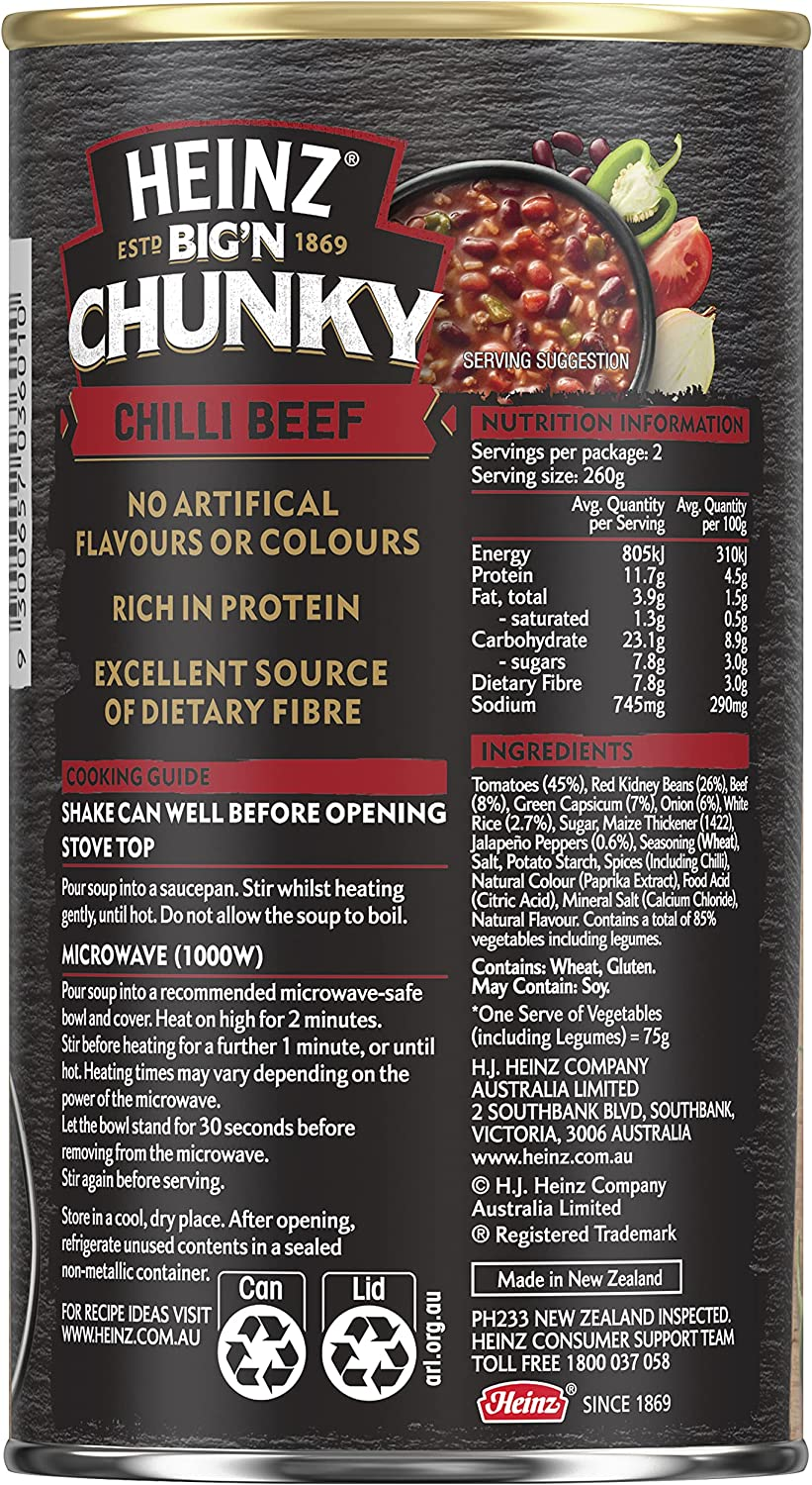 Heinz Chilli Beef Big'N Chunky Soup Family Pack Big'N Chunky Soup Canned Soup Tinned Soup 520G image number 6