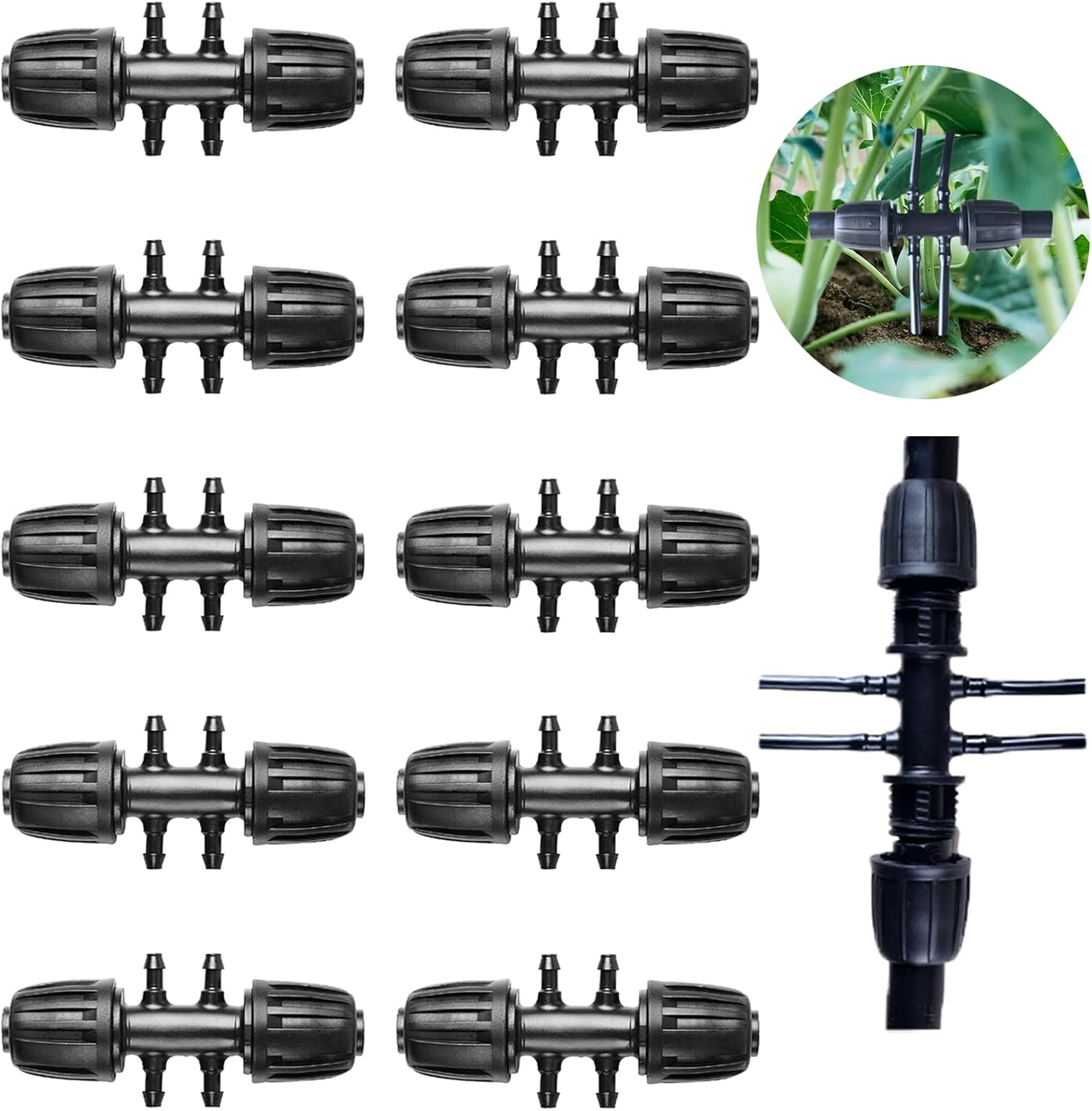 100Pcs Drip Irrigation Connectors Fittings Kit for 1/2 Inch Tubing, Including 30 Tees, 30 Couplings, 20 Elbows, 10 End Closures, 10 End Cap Plugs - Barbed Connectors Compatible Drip Sprinkler Systems