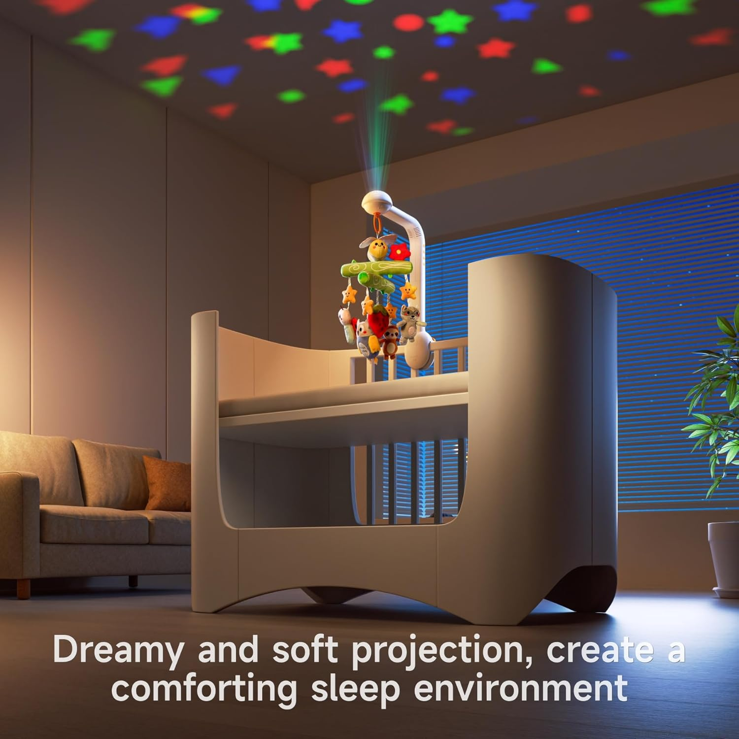 TUMAMA Baby Crib Mobile, Music and White Noise, Mute Spin Motor Nursery Toys with Projection Night Light, Soft Plush Mirror Hanging Toys for 0 Month+ Baby image number 4
