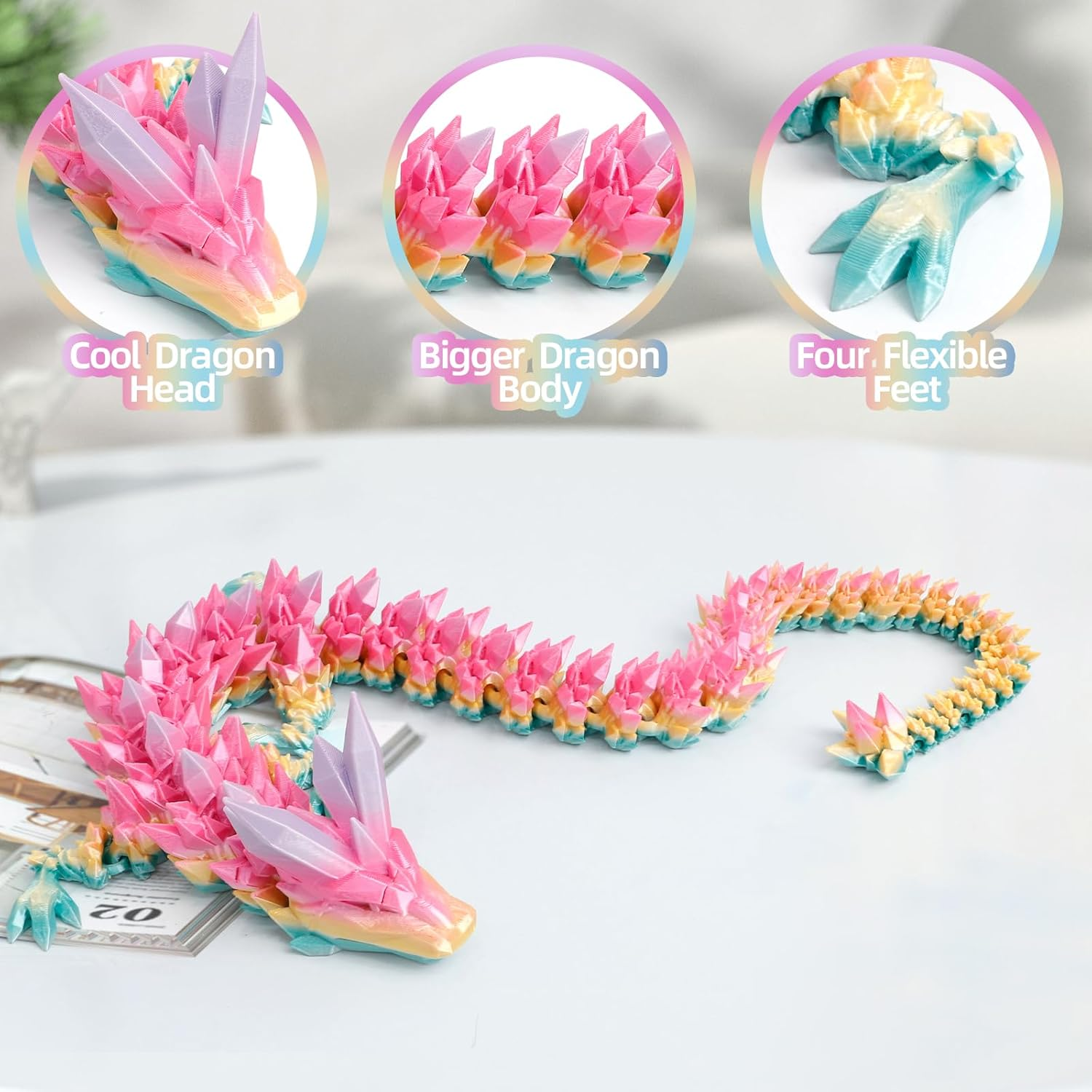 3D Printed Dragon - 24 Inch Fidget Toy, Large Crystal Articulated Dragon, 3D Printed Gift for Birthday, Figurine Decor, Desk Pet(Candy Rainbow) - Rainbow-M image number 7