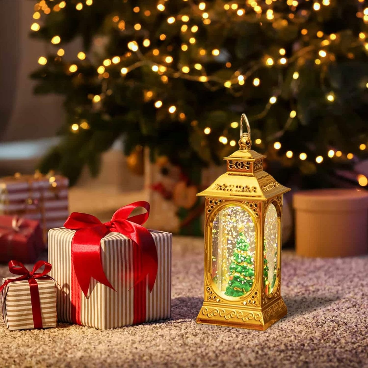 Christmas Snow Globe Lantern, LED Vintage Snow Crystal Ball Lantern Night Light, Christmas Lantern Lights, Portable Night Light Snow Globe for Gate, Yard, Garden, Patio