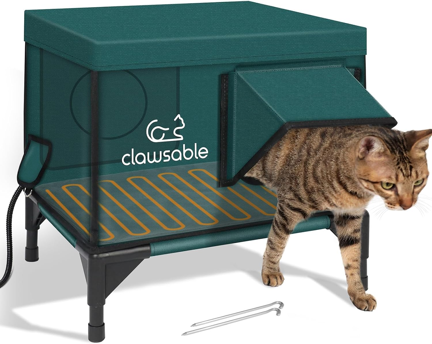 Clawsable Premium Heated Cat House for outside Winter, 100% Weatherproof, Safe Escape Door, Insulated Outdoor Cat House Shelter with Heater for Feral Barn Cat Kitty (Dark Forest Green, Small)