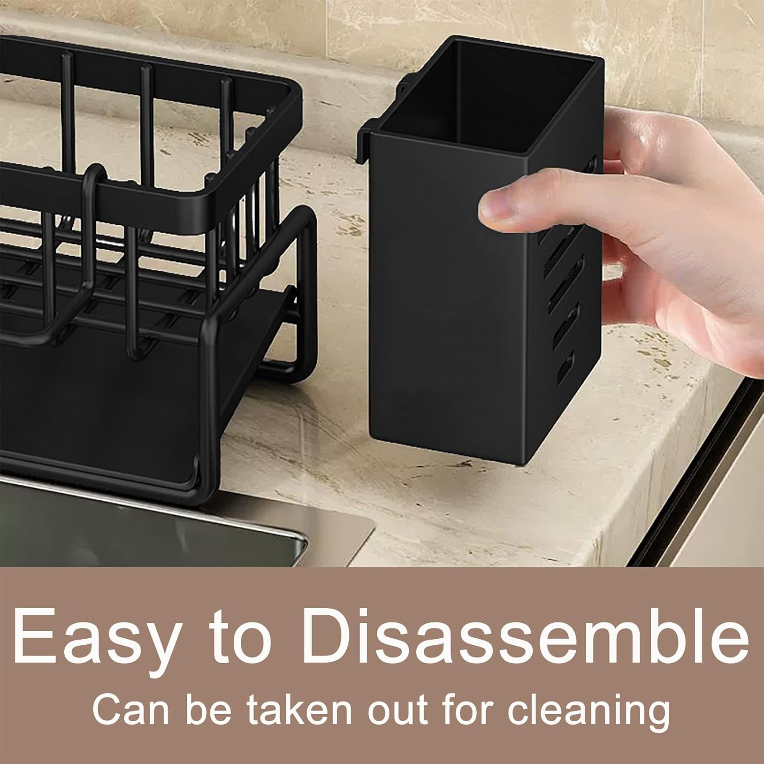 Merrynine Kitchen Sink Caddy Organizer with Brush Holder, Rustproof Stainless Steel Sponge Holder for Kitchen Sink with Self Draining Tray, Dish Soap Scrubber Brush Dishcloth Holder, Black image number 4