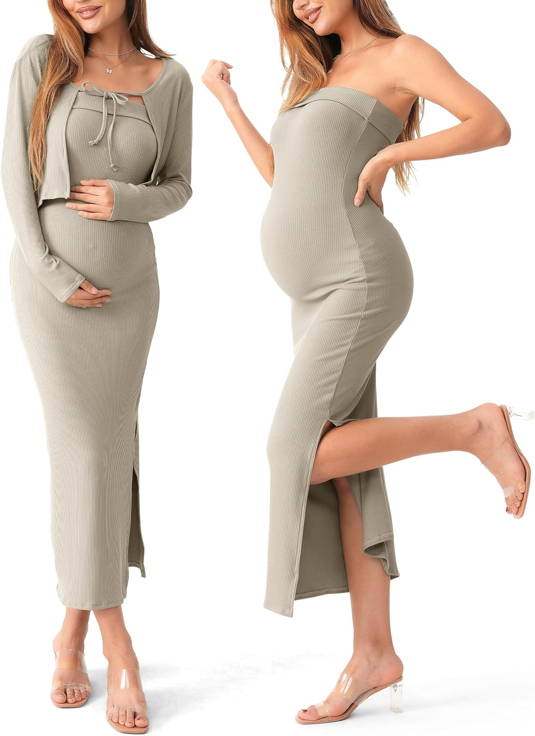 SUNNYBUY Baby Shower Maternity Tube Dress Short Cardigan Bodycon Ribbed Maxi Dress Casual 2 Piece Pregnancy Outfit Set, Taupe, Xx-Large image number 3