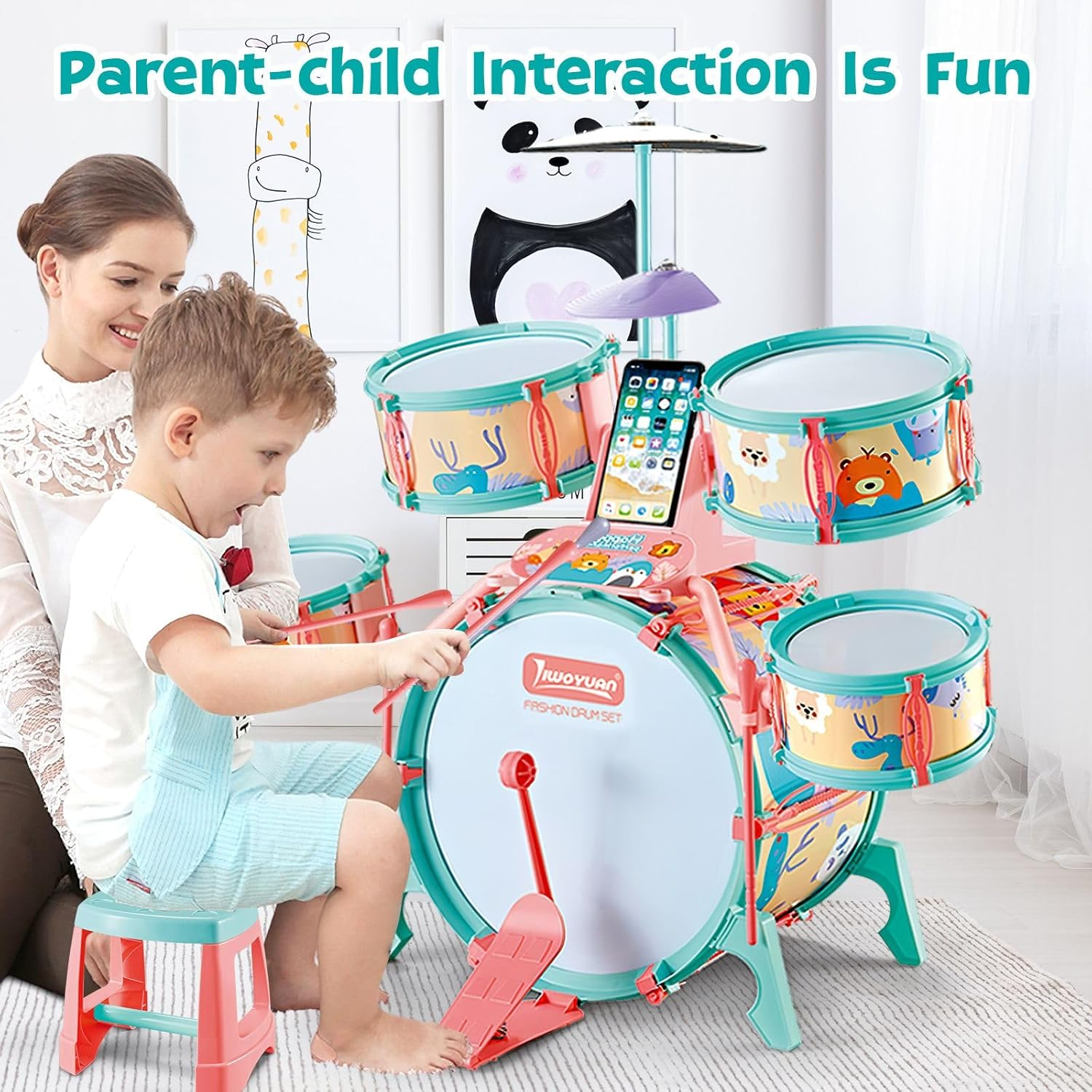 KIDBOT Kids Rock Jazz Drum Set,Educational Music Toys Kit with Chair for Toddler, 5 Drums 17 Pieces Musical Instrument image number 4