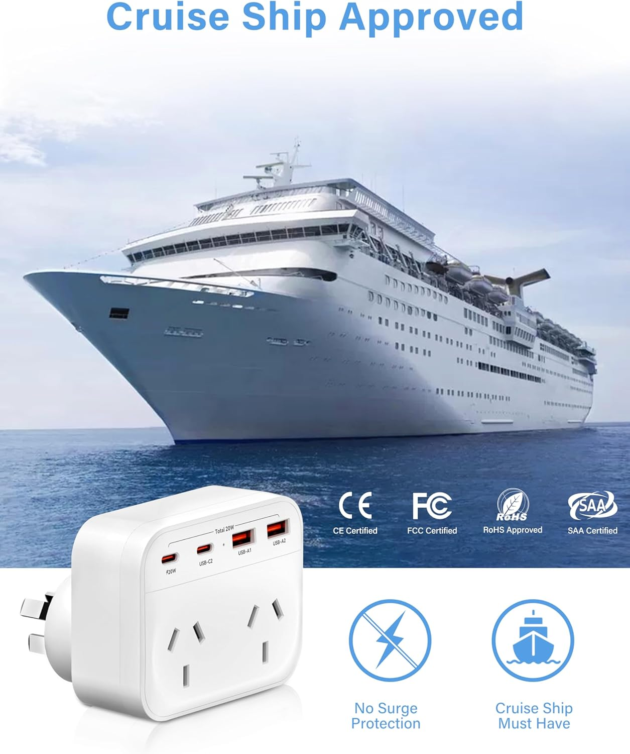 LOVELEDI USB Plug Extension - PD 20W USB C Powerpoint, 2 Way Socket Extender with 2 USB-C & 2 USB A, 6-In-1 Grounded Plug Power Outlet Double Adapter, Extension Board for Home, Office, Bedroom, Travel image number 3