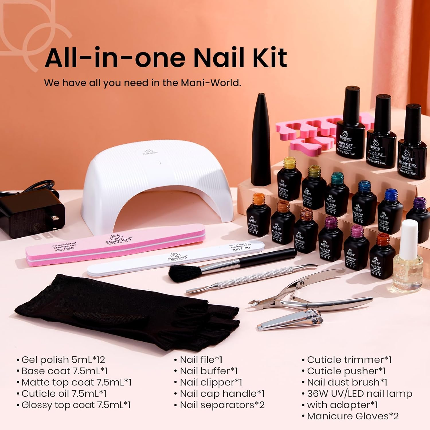 Beetles 28Pcs Gel Nail Polish Starter Kit with U V Light 36W LED Nail Lamp 12 Fall Gel Nail Polish Colors Gel Base Top Coat Pink Green Glitter Gel Polish Set Salon DIY Home Nail Decoration image number 5
