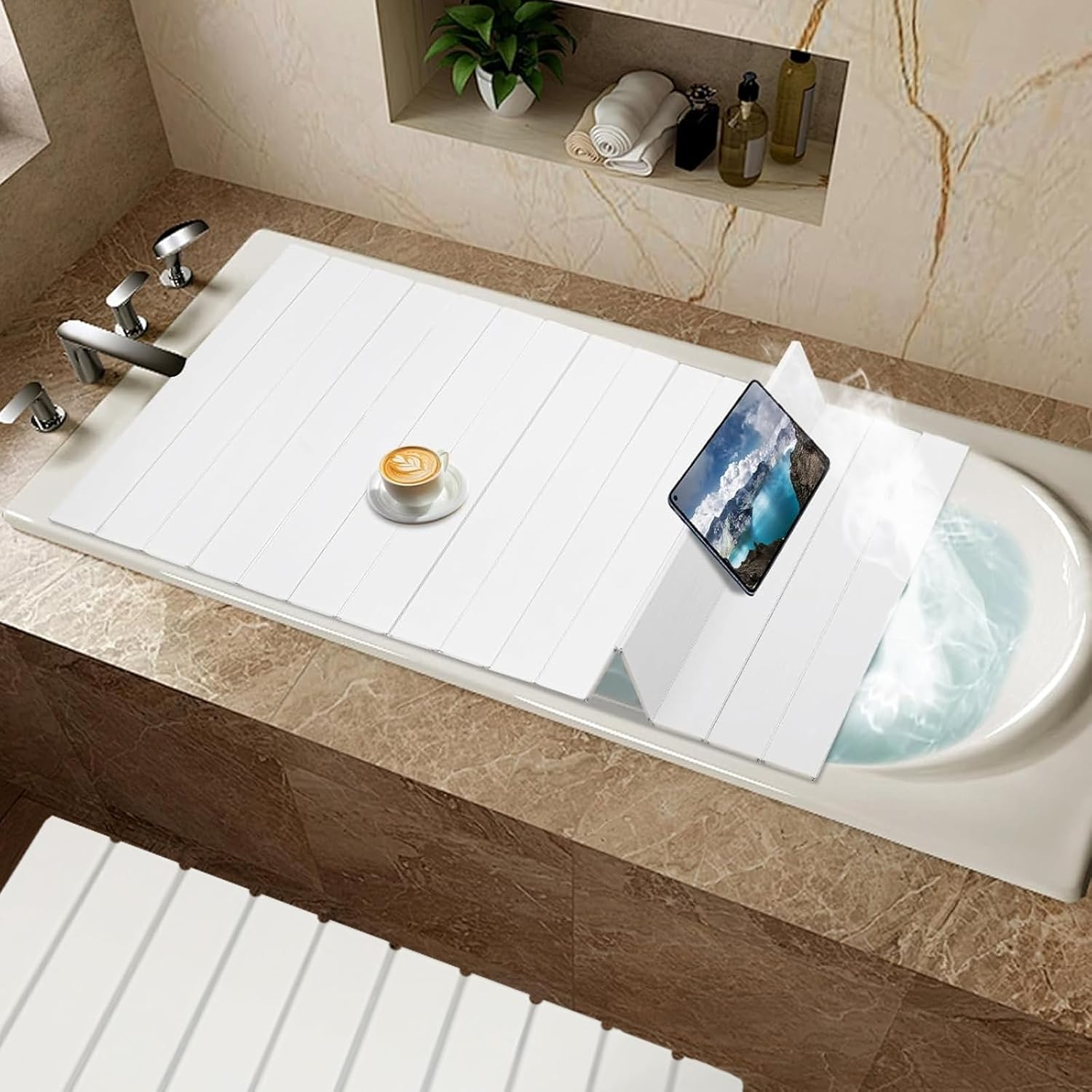 Foldable Bathtub Tray Bath Tub Cover Lid, Bathtub Cover Insulation Dust Cover PVC Shutter Fit Most Tubs, Can Store Wine Glass, Tablets Insulation Plate for Bathroom, Home(170X66X0.65Cm)