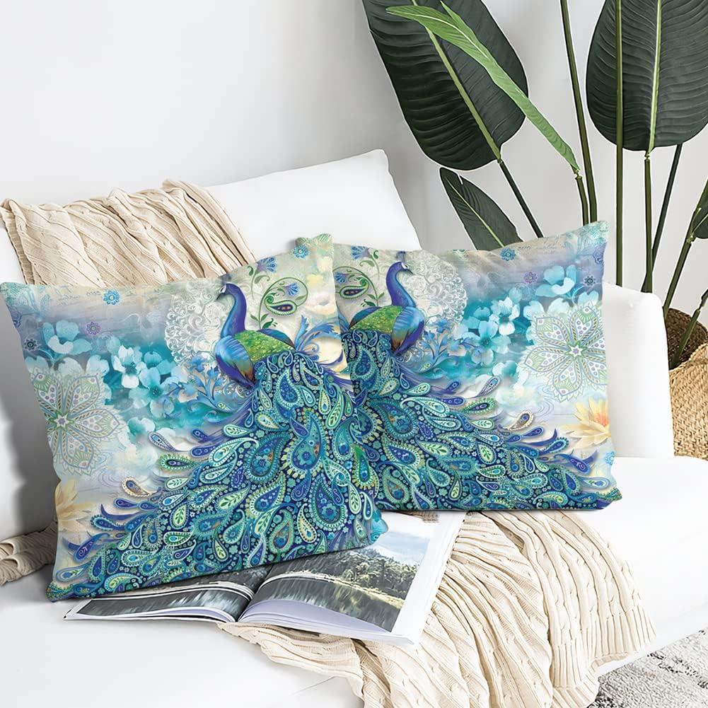 Teal Peacock Throw Pillow Covers Set of 2, Vintage Watercolor Blue Teal Turquoise Peacock Gifts Microfiber Fabric Decoration Pillowcases Home Sofa Couch Bed Decor Square 18X18 Inches Pillow Cases