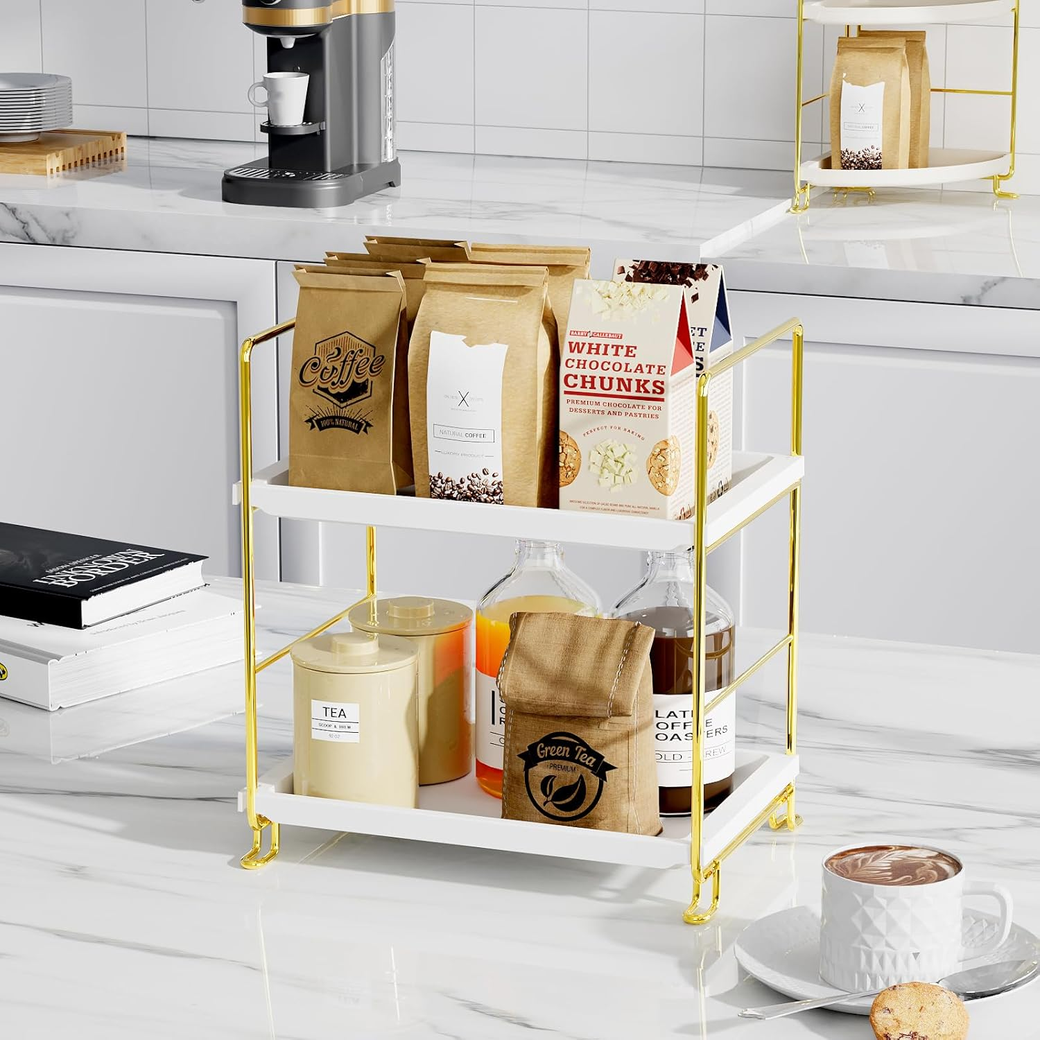 Fsyueyun 2-Tier Makeup Shelf Organizer, Kitchen Spice Rack or Bathroom Countertop Organizer Vanity Bedroom Storage Tray (Gold) - Gold image number 3