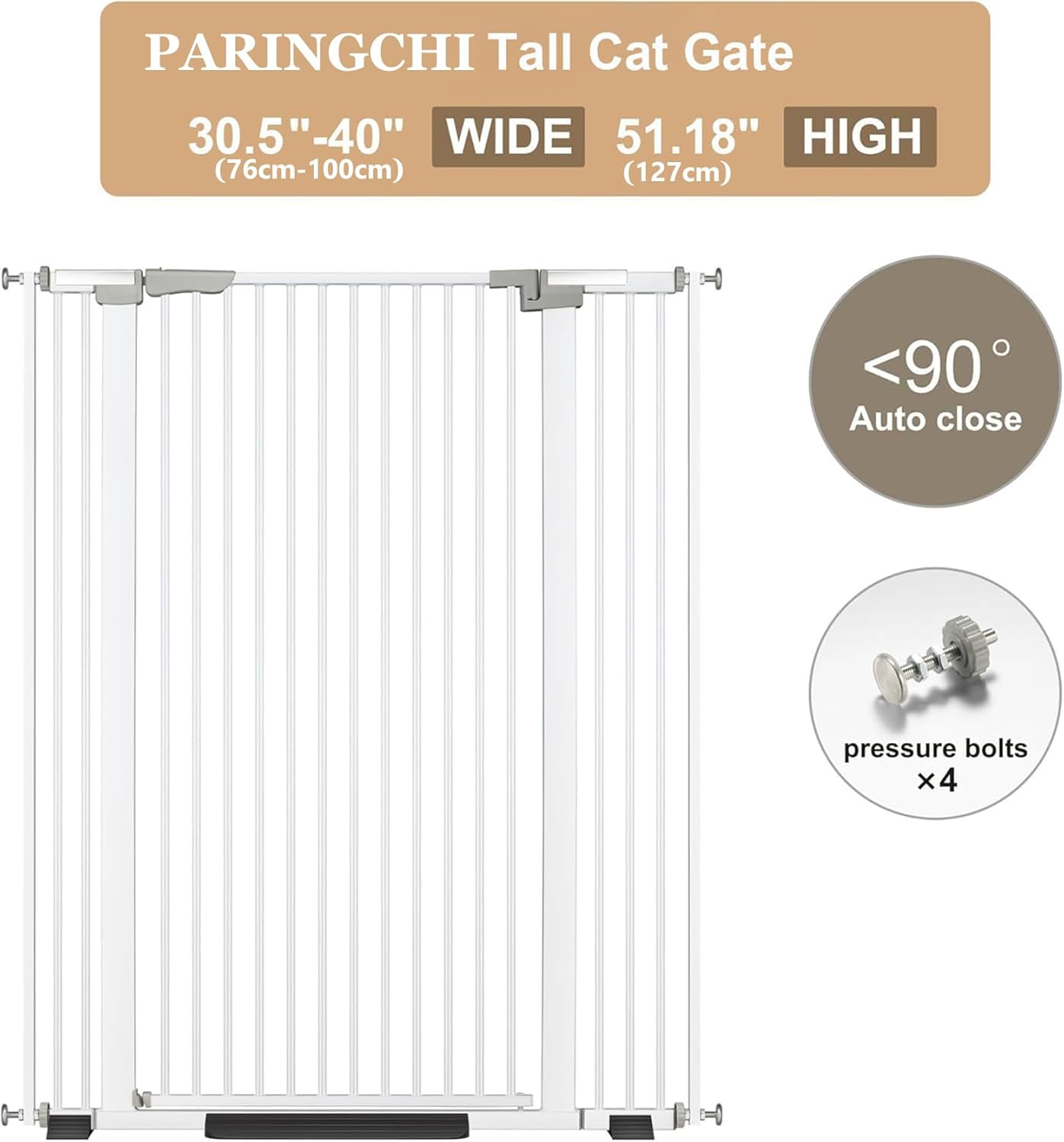 130Cm Tall Walk-Through Pet Gate, Extension 76-104Cm Wide Cat Dog Door for Doorway, Kitchen, No Drilling Pressure Mount Kit, White image number 1