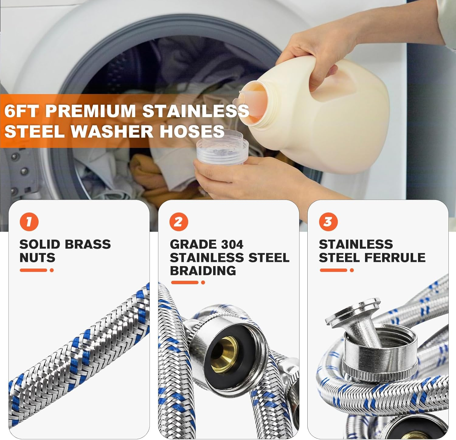 6FT Washer Stainless Steel Hoses with 90 Degree Elbows by Beaquicy - Burst Proof 3/4" FHT Standard Thread - 2 Pack Red and Blue Braided Hoses for Hot and Cold Water Supply - 10 Year Warranty image number 1