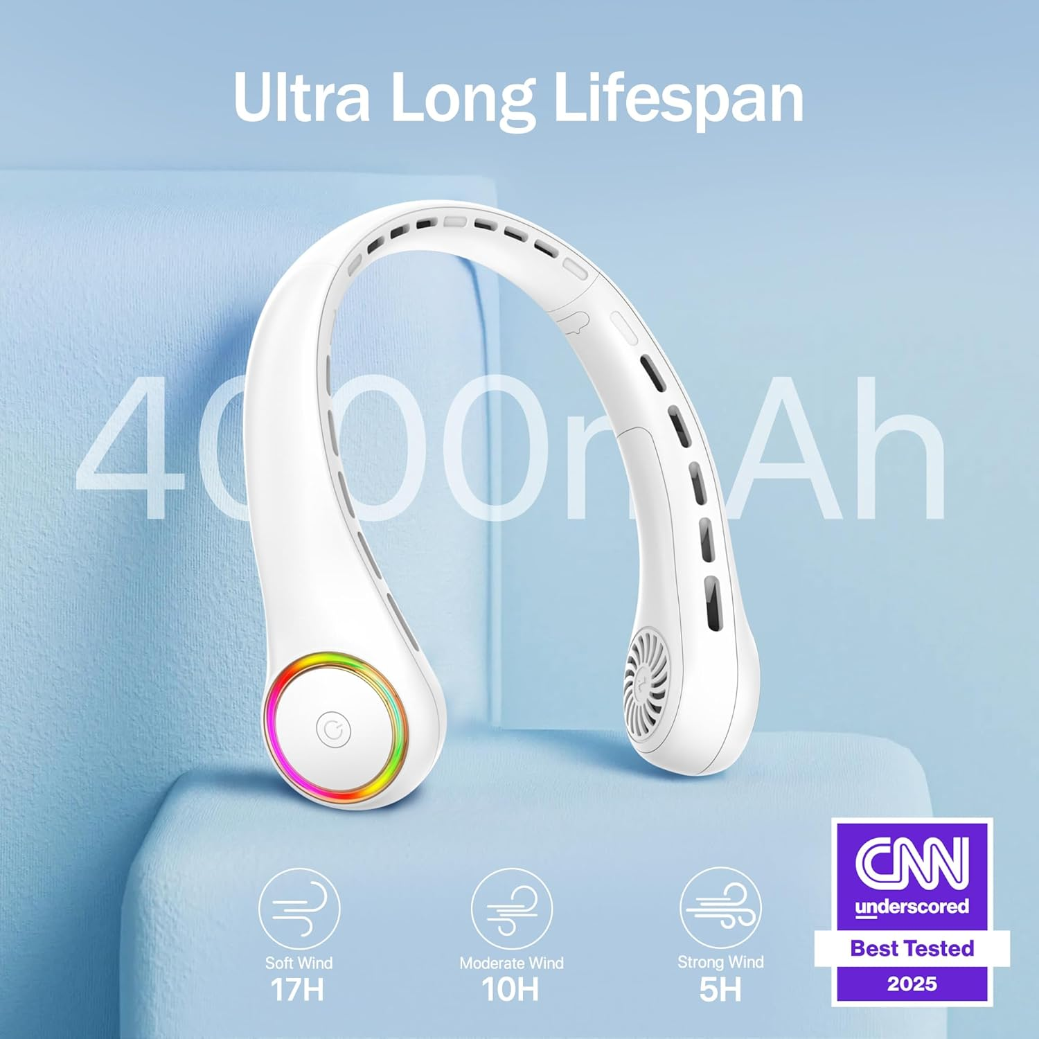 Portable Neck Fan, Personal Fan with 4000Mah Battery, Rechargeable Neck Fan with 3 Speeds and 64 Cool Lights, Birthday Gifts for Men Women Mom Dad, Hands Free Cooling Fan for Summer(White) - Dark Green image number 2