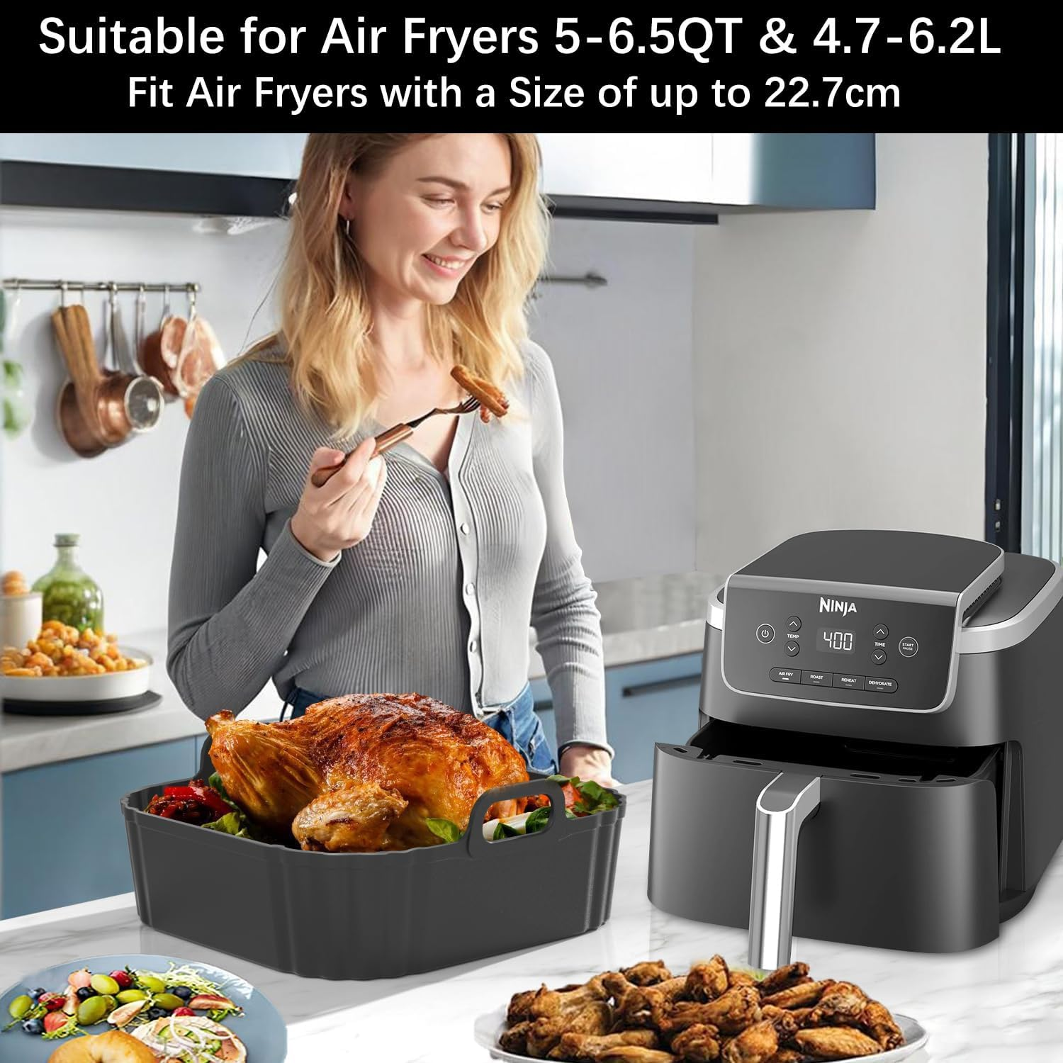 Silicone Air Fryer Liners 2 Pack, Accessorie Mould for COSORI DC601 L501,Philips 2000 Series Na230/00,Ninja AF141 Af181,Tefal for 5-6.5Qt Reusable Silicone Mould for Hot Air Fryer-Black image number 2