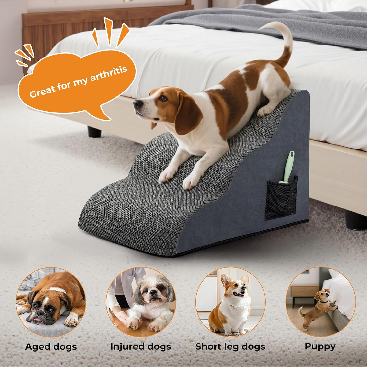 Pawz Dog Stairs Ramp for Small Dog,3 Steps High Density Foam Pet Stairs W/Storage Pocket & Handle,Non-Slip Balanced Pet Stairs Ladder for Cats,For High Sofa Bed Couch for Small & Old Dogs, Injured Pet