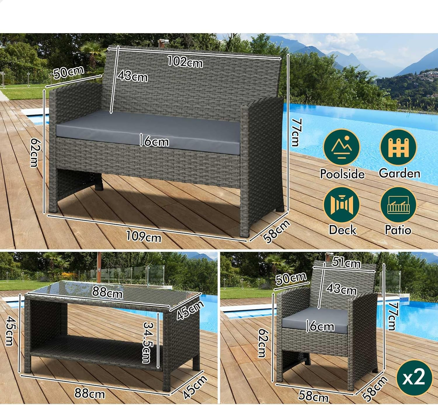 ALFORDSON Outdoor Patio Furniture 4Pcs Conversation Set, Wicker 4 Pieces Lounge Chair & Glass Coffee Table Setting, Steel Frame Garden Rattan Sofa with Cushions and Back Pillows, Dark Grey image number 2