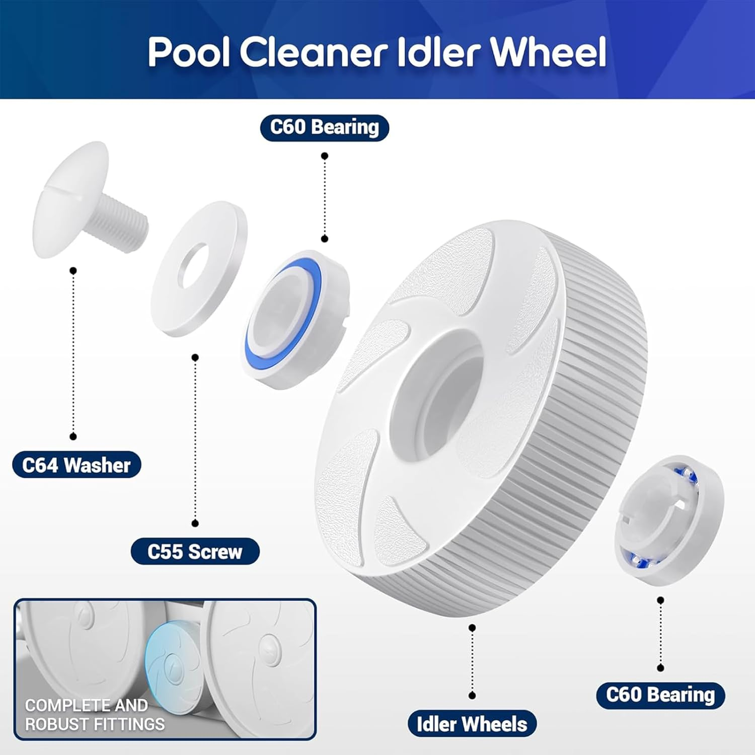 Polaris Pool Cleaner Wheels Replacement Parts, Large Wheel Assembly & Rebuild Kit with C16 Idler Wheel (Ball Bearing), C60 Screw, C55 Washer & C64 for 180/280 Models image number 6