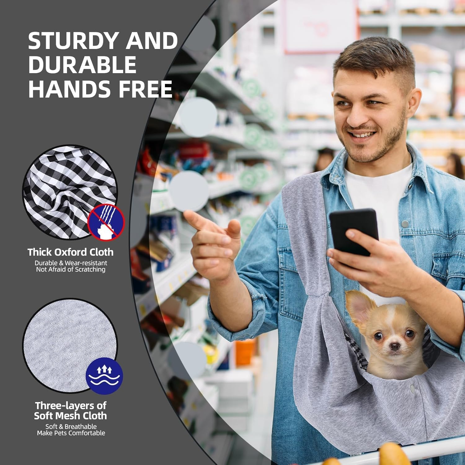 Dog Carrier Sling - Reversible Puppy Carrier Purse with Storage Pocket, Hand-Free Dog Sling Carrier for Carry Small Dogs and Cats, Travel Safety Harness, Dog and Cat Harness(Black) image number 2