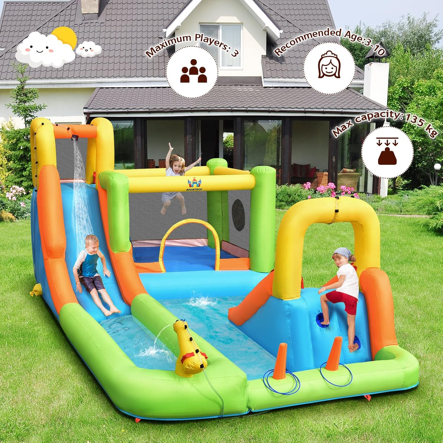 HONEY JOY Inflatable Water Slide, 8 in 1 Water Park W/Double Slides, Basketball Hoop, Water Gun, Ring Toss Game, Climbing Wall, Wet Dry Inflatable Jumping Castle for Outdoor (With 680W Blower) image number 5