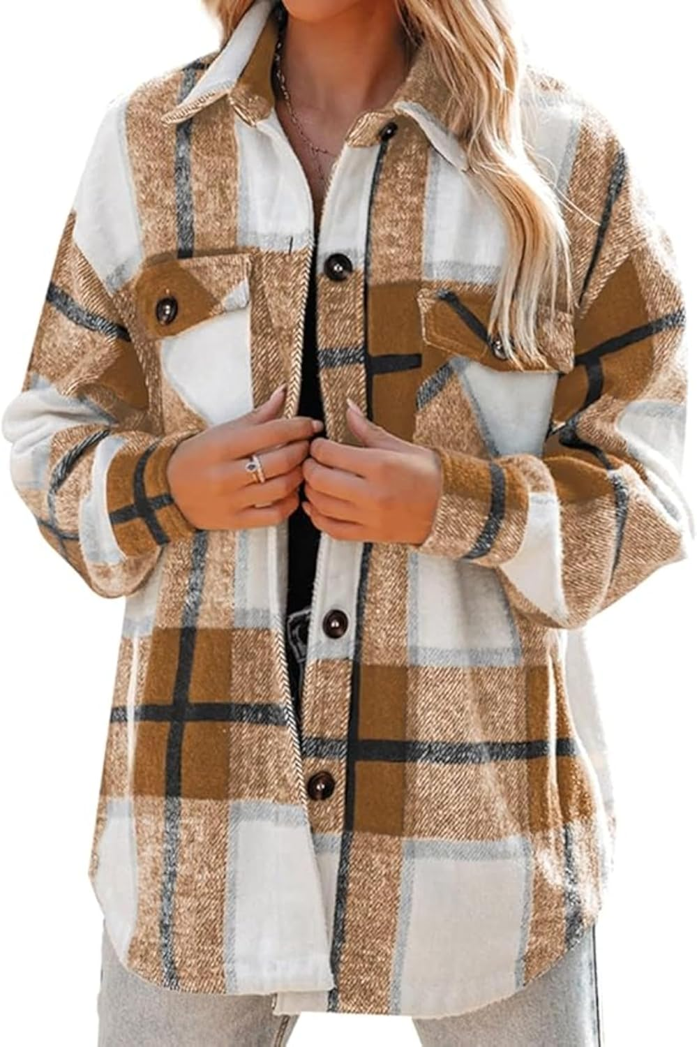 Women'S Casual Flannel Jacket Button down Shirts Jacket Coats Long Sleeve Tops with Pockets