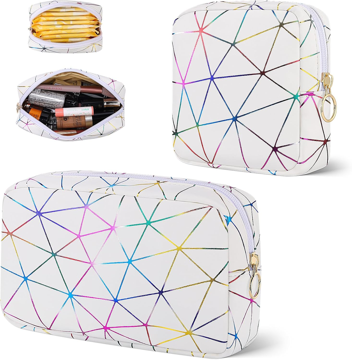 Desing Wish 2 PCS PU Leather Makeup Bag Large Capacity Cosmetic Bag Travel Make up Bag Large & Small Size Makeup Pouch Organizer for Travel (White) image number 2