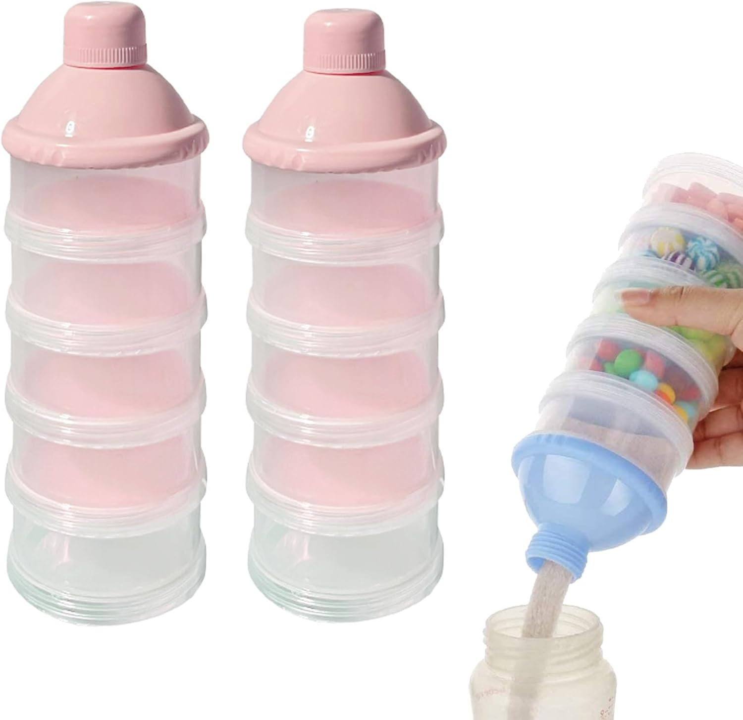 2 PCS 5 Layers Baby Milk Powder Dispenser, Milk Powder Pots, Formula Dispenser Portable Milk Powder Formula Dispenser Container Pot Box Milk Cans Snack Storage Box for Travel(Light Pink+ Light Pink) image number 1