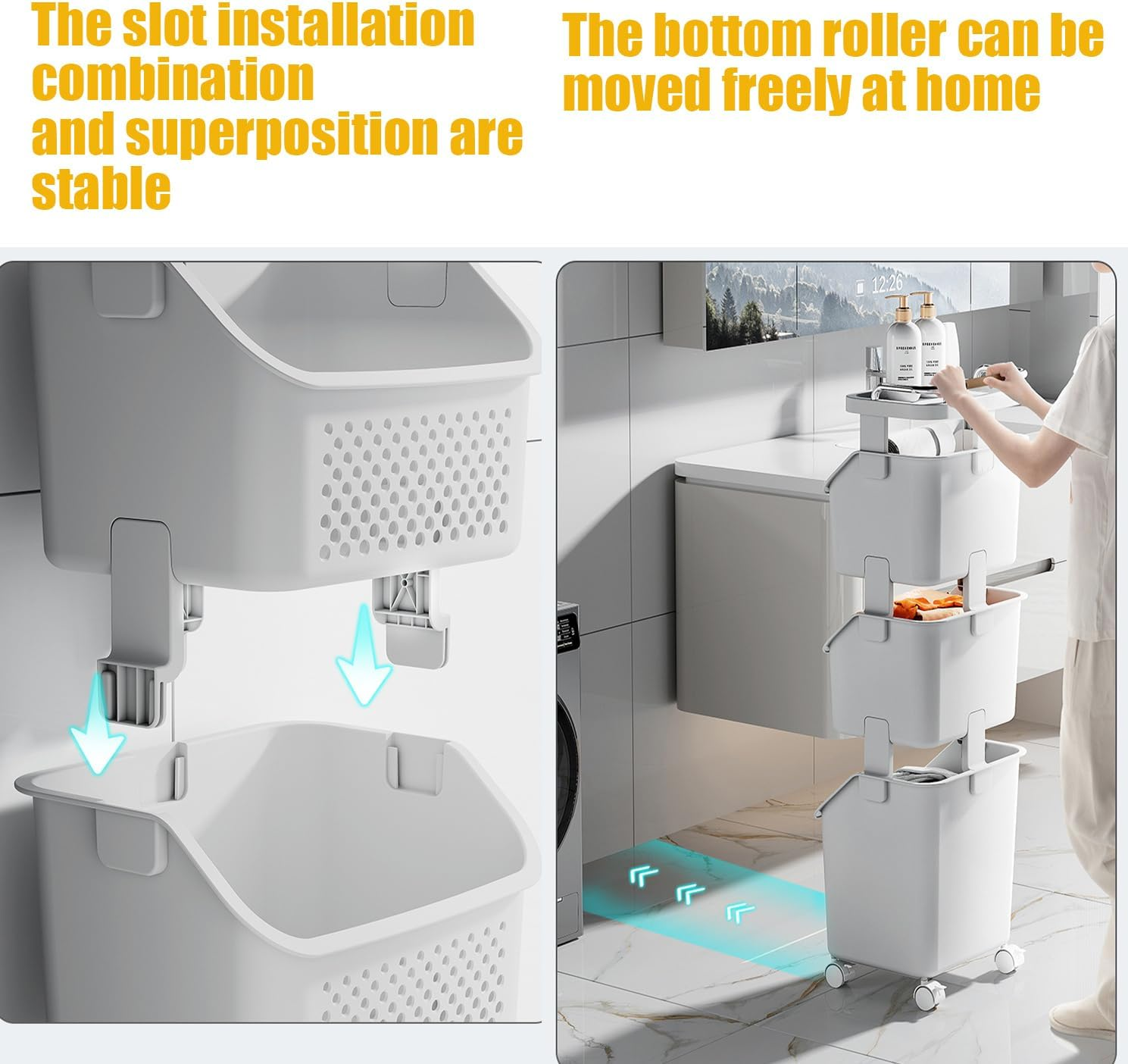 Rolling Laundry Hamper Cart with Wheels, Clothes - Holding Baskets Paired with a Clothes Hamper Featuring Convenient Portable Storage Baskets (2-Tier) image number 5