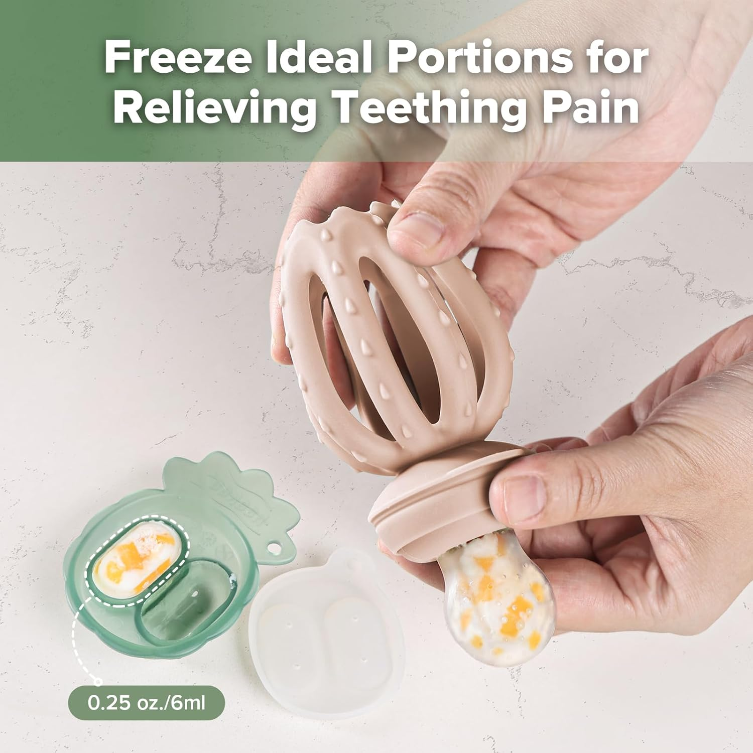 Haakaa Octopus Baby Fruit Food Feeder & Mini Freezer Nibble Tray Combo, Breastmilk Popsicle Molds for Cooling Relief, BPA Free Silicone Feeder for Safe Infant Self Feeding, 4 Month+ (Blush) - Mustard image number 2