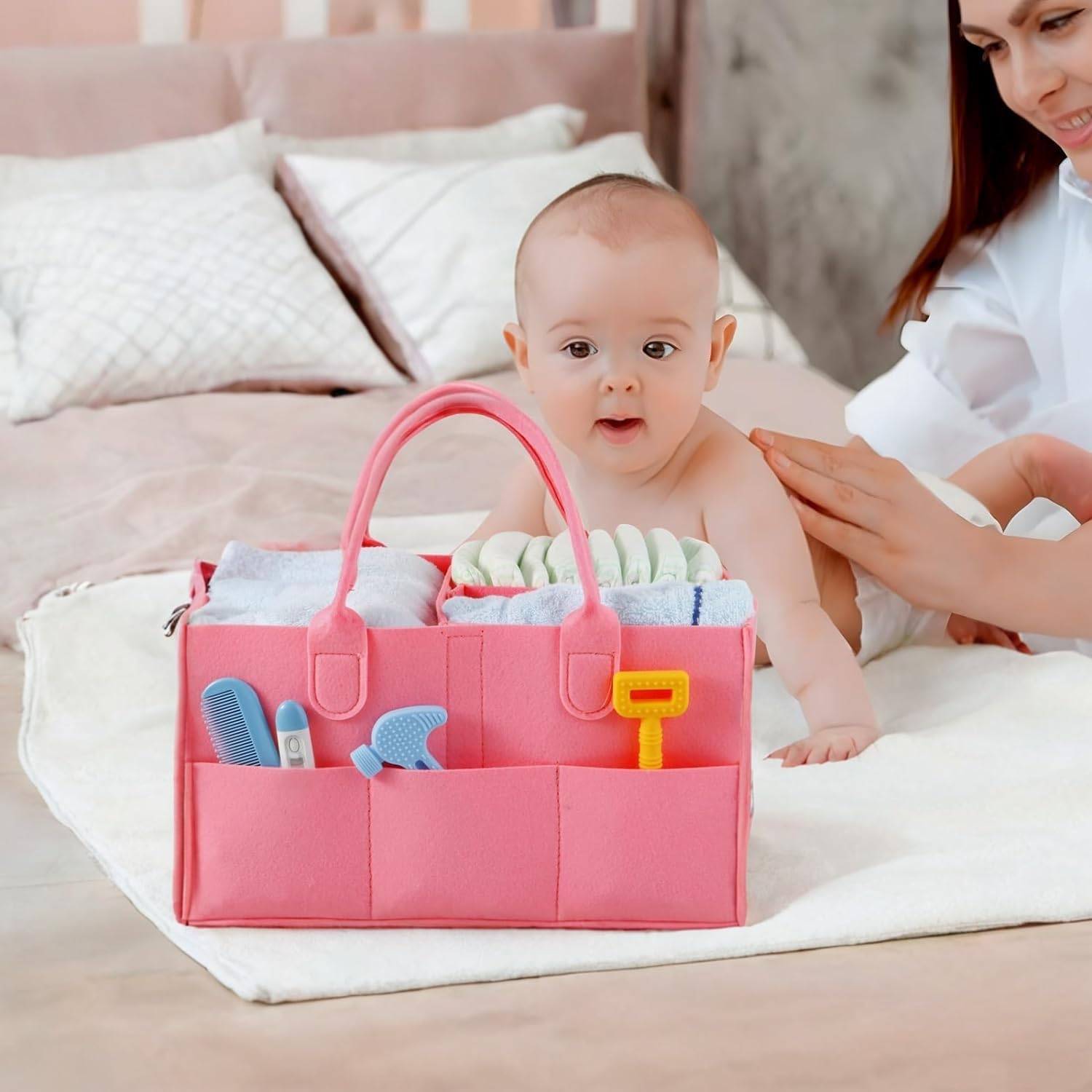 Baby Diaper Caddy Organizer, Portable Nursery Storage Basket for Wipes & Baby Essentials, Collapsible Diaper Organizer(Pink) image number 1