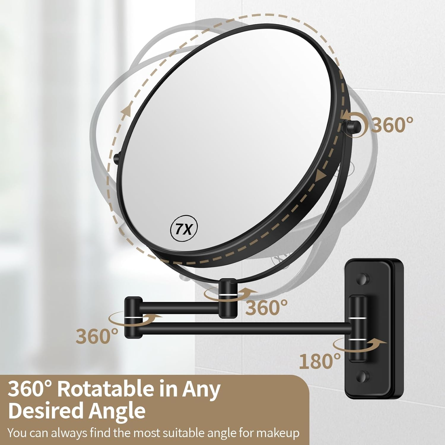 Btremary 8&rdquo; Wall Mounted Magnifying Makeup Mirror 1X/7X Wall Mount Mirror Swing Arm Two-Sided 360&deg; Swivel Bathroom Shaving Mirror for Men and Women in Hotel/Home, Black image number 3
