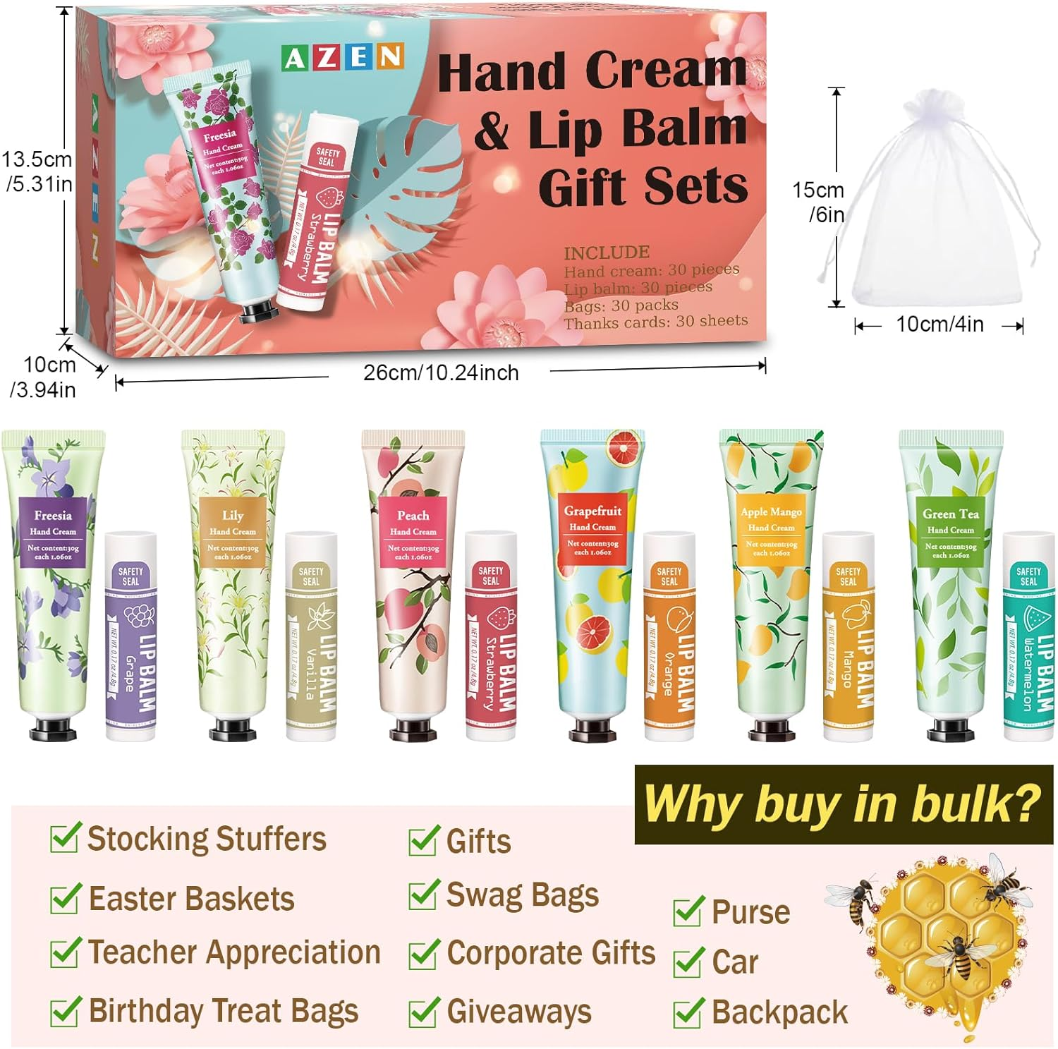 AZEN 30 Sets Bulk Gifts, Hand Cream and Lip Balm Bulk Set with Organza Bag Thank You Card, Baby Shower Wedding Gifts for Guests, Bridal Wedding Favors for Guests,Thank You Gifts for Women - A-30Set image number 3