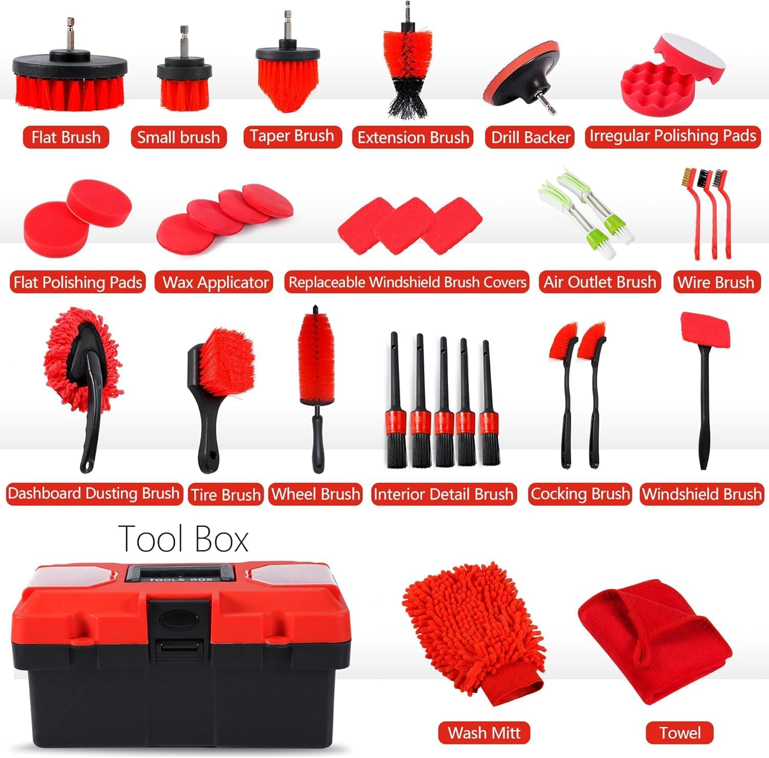35Pcs Car Detailing Kit, Drill Brush Attachments with Detailing Brush Set and Tools Box, Red Auto Cleaning Kit Interior for Wheels, Dashboard, Windows image number 2