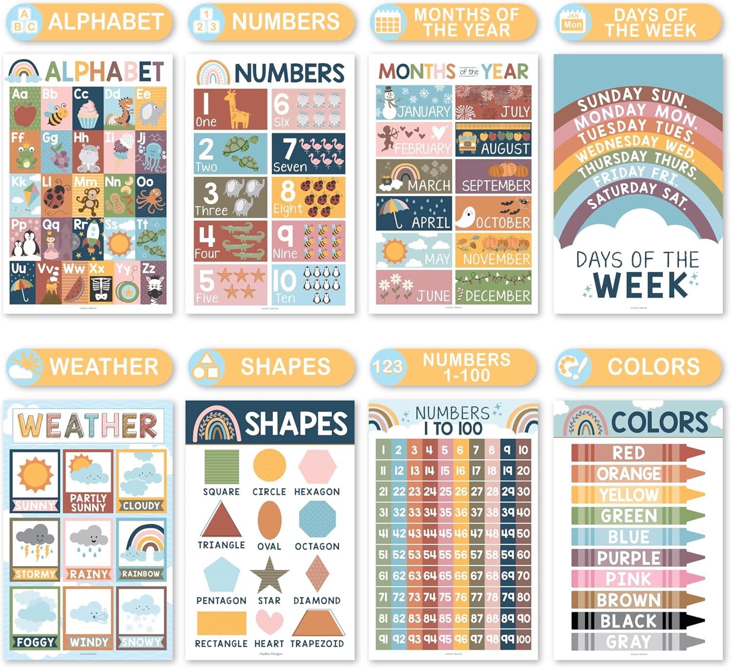 Hadley Designs 16 Boho Kids Educational Posters for Toddlers - Teacher Posters for Classroom Posters Elementary, Pre K Learning Posters for Toddlers 1-3 image number 5