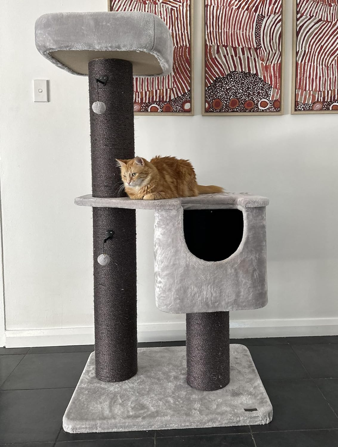 Cattitude Cat Scratch Playground Condo Grey, 158Cm Height - Cat House, Sisal, Hanging Pom Poms, Soft Plush Material, Multi-Level Cat Tree image number 3
