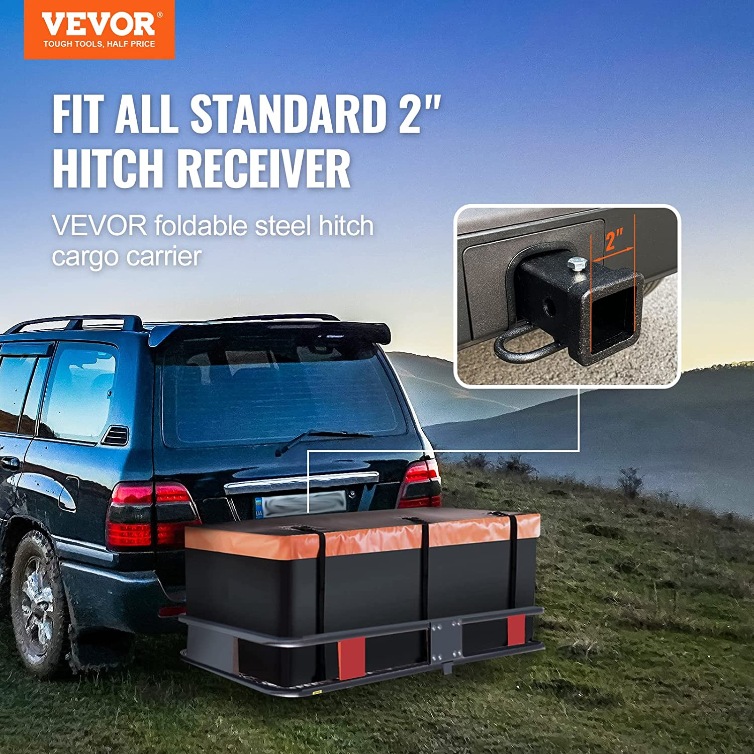 VEVOR 60X24X6 Inch Hitch Mount Cargo Carrier,500Lb Capacity Folding Trailer Hitch Cargo Basket & Waterproof Cargo Bag,Luggage Carrier Rack Fits 2" Hitch Receiver with Cargo Net for SUV Truck Pickup image number 3