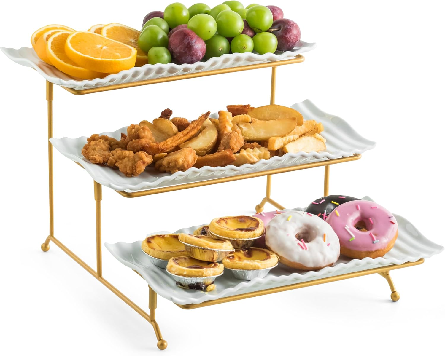 Large 3 Tier Serving Stand Tiered Serving Trays Collapsible Sturdier Rack with 3 Porcelain Serving Platters for Fruit Dessert Presentation Party Display Set, 14 Inch