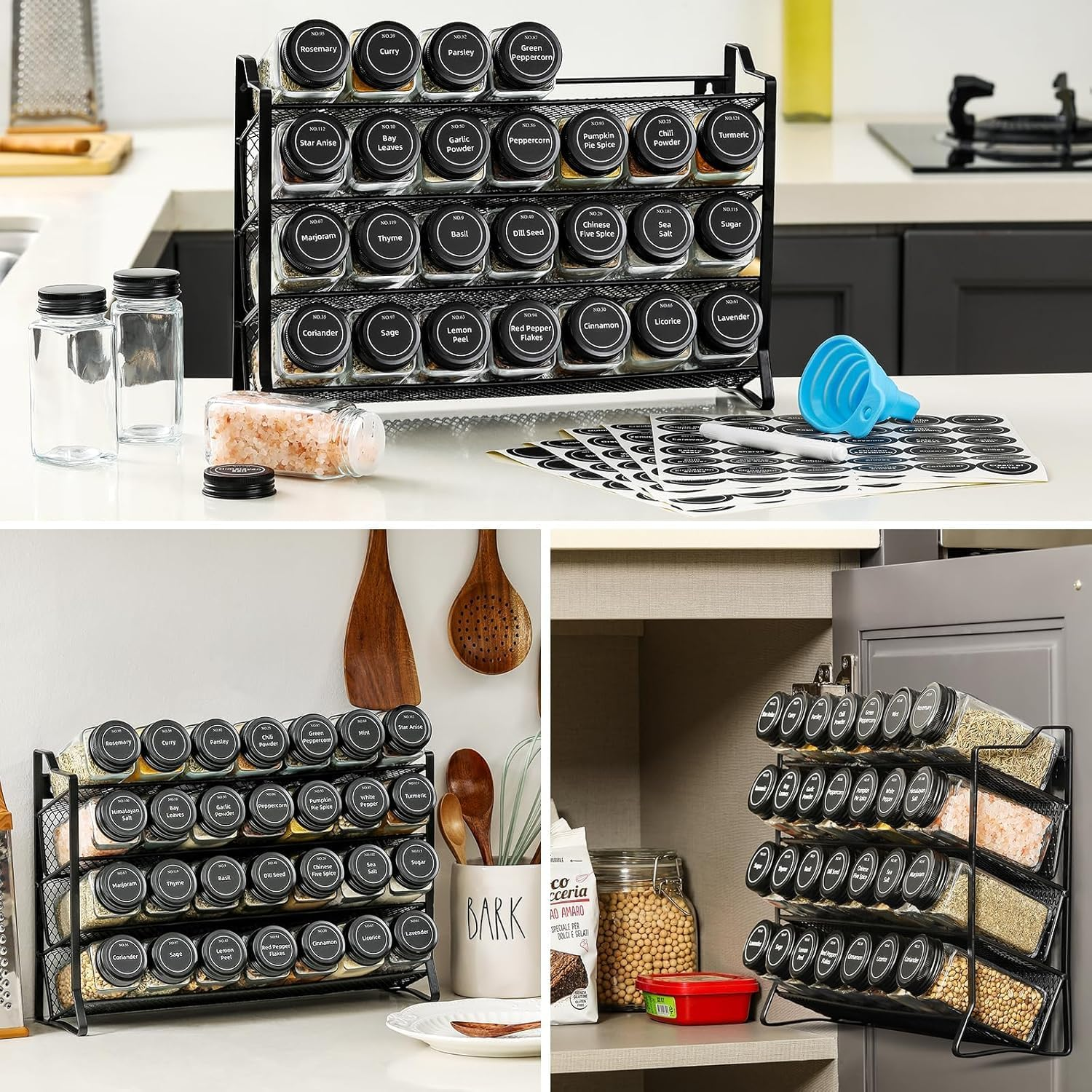 Spice Rack Organizer with 28 Spice Jars, 180 Spice Labels, Chalk Marker and Funnel Set for Cabinet, Countertop, Pantry, Cupboard or Door & Wall Mount image number 3