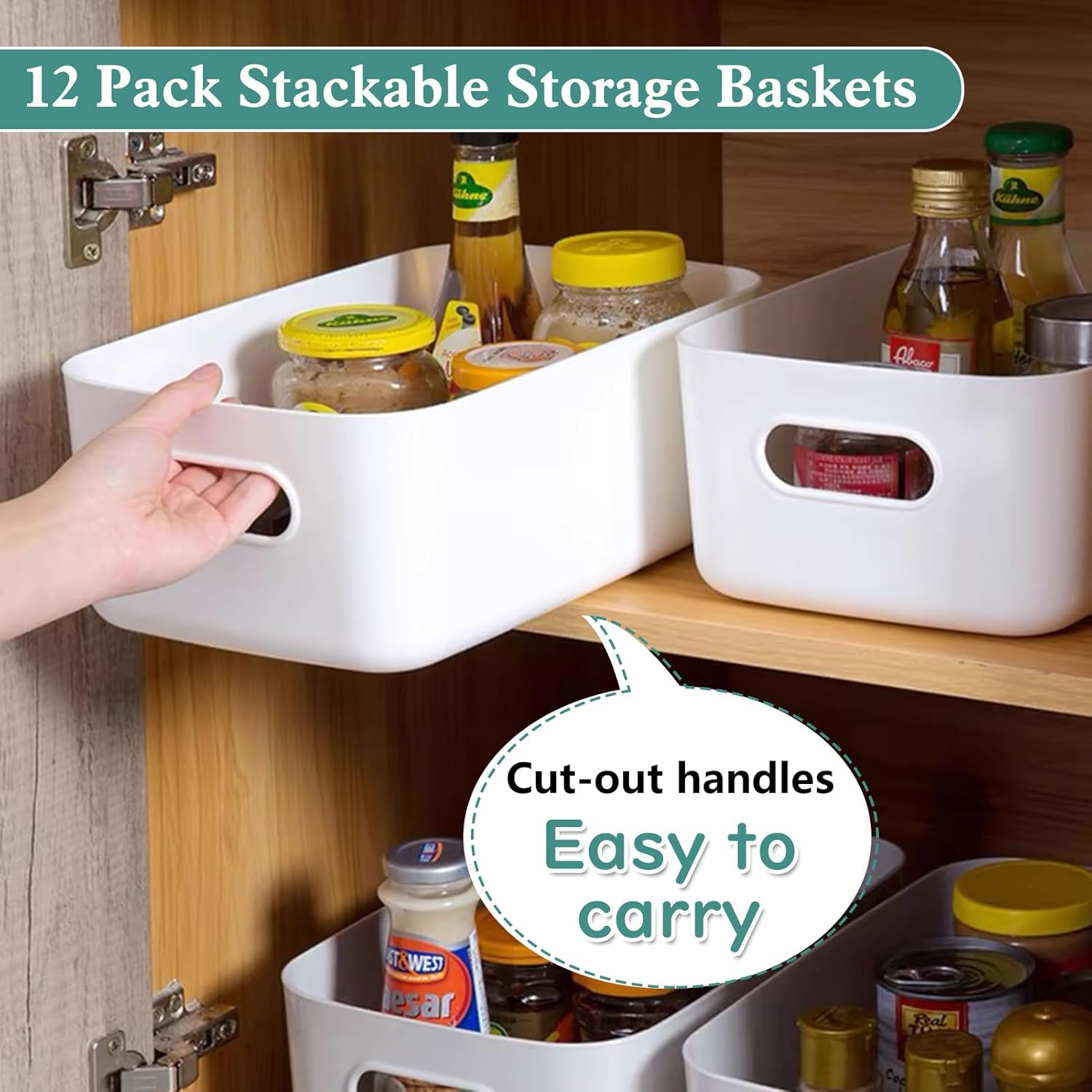 12 Pack Plastic Storage Baskets, Plastic Storage Bins with 3 Different Sizes, Home Kitchen Tidy Organiser with Handles for Kitchen Cupboard Office Bathroom Home (White) image number 3