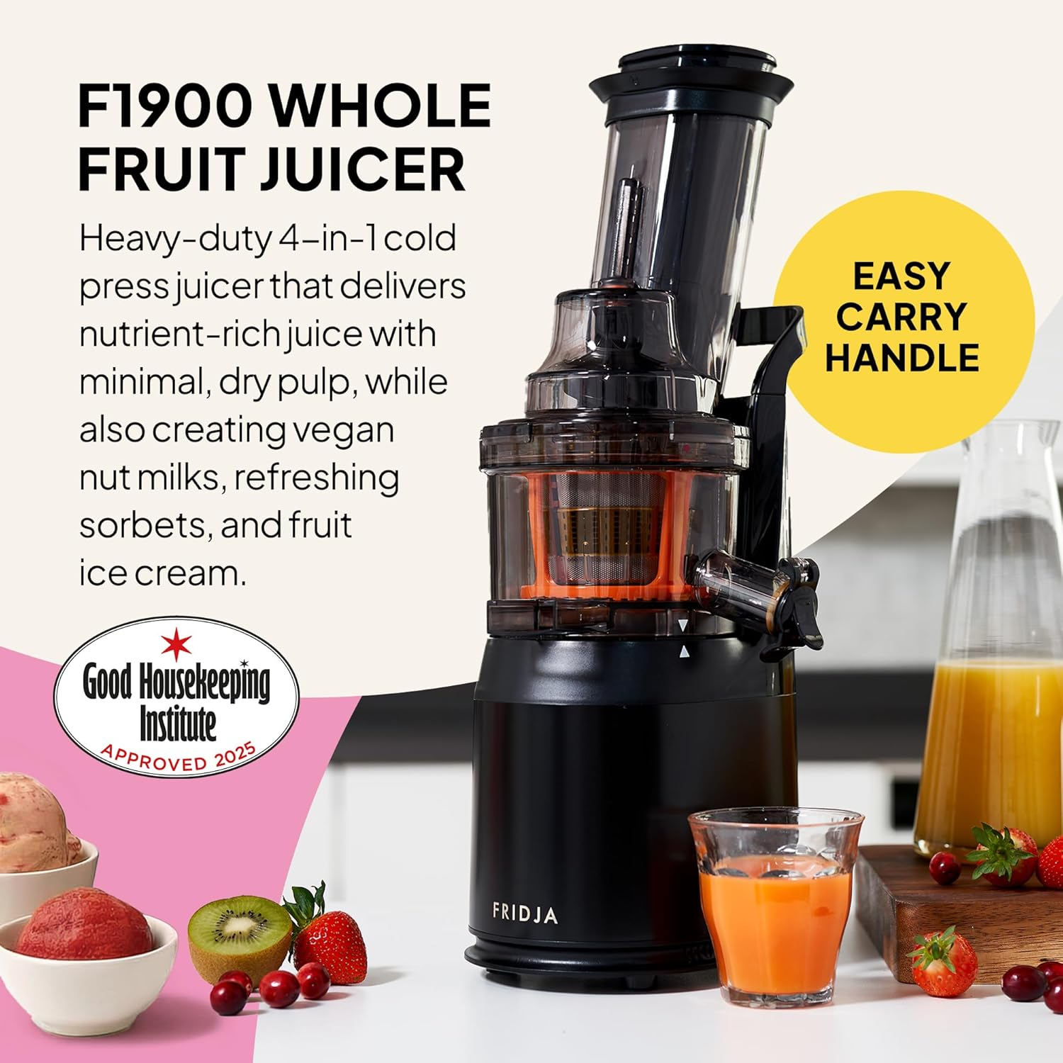 Fridja F1900 Cold Press Juicer, 240W Masticating Slow Juicer with 78Mm (3&rdquo;) Bpa-Free Wide Chute, Black Stainless Steel Body, Juice, Vegan Nut Milks, Sorbet, Ice Cream, Easy to Clean image number 5