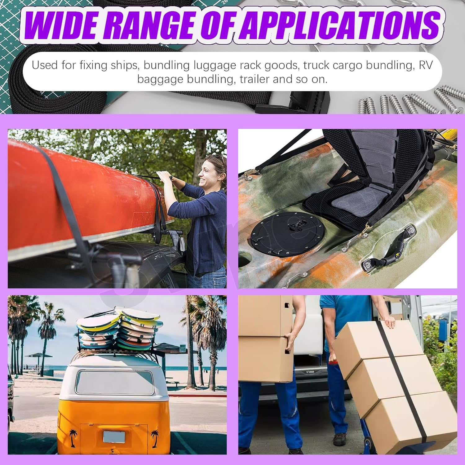 Swpeet 2 Sets 1" &times;48" Nylon Tie down Strap with Stainless Steel Cam Buckle, Ideal for Truck, Trailer, Watercraft Cargo image number 3