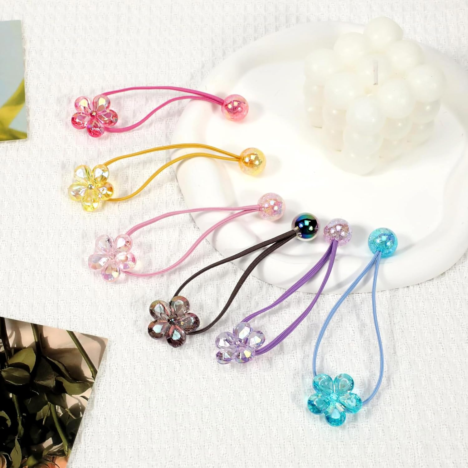 Yeomju Pack of 12 Ball Charm Hair Bobbles for Girls, Colourful Ball Petal Beads, Hair Bobbles with Balls, Shameless Ponytail Holder for Toddlers, Girls image number 1