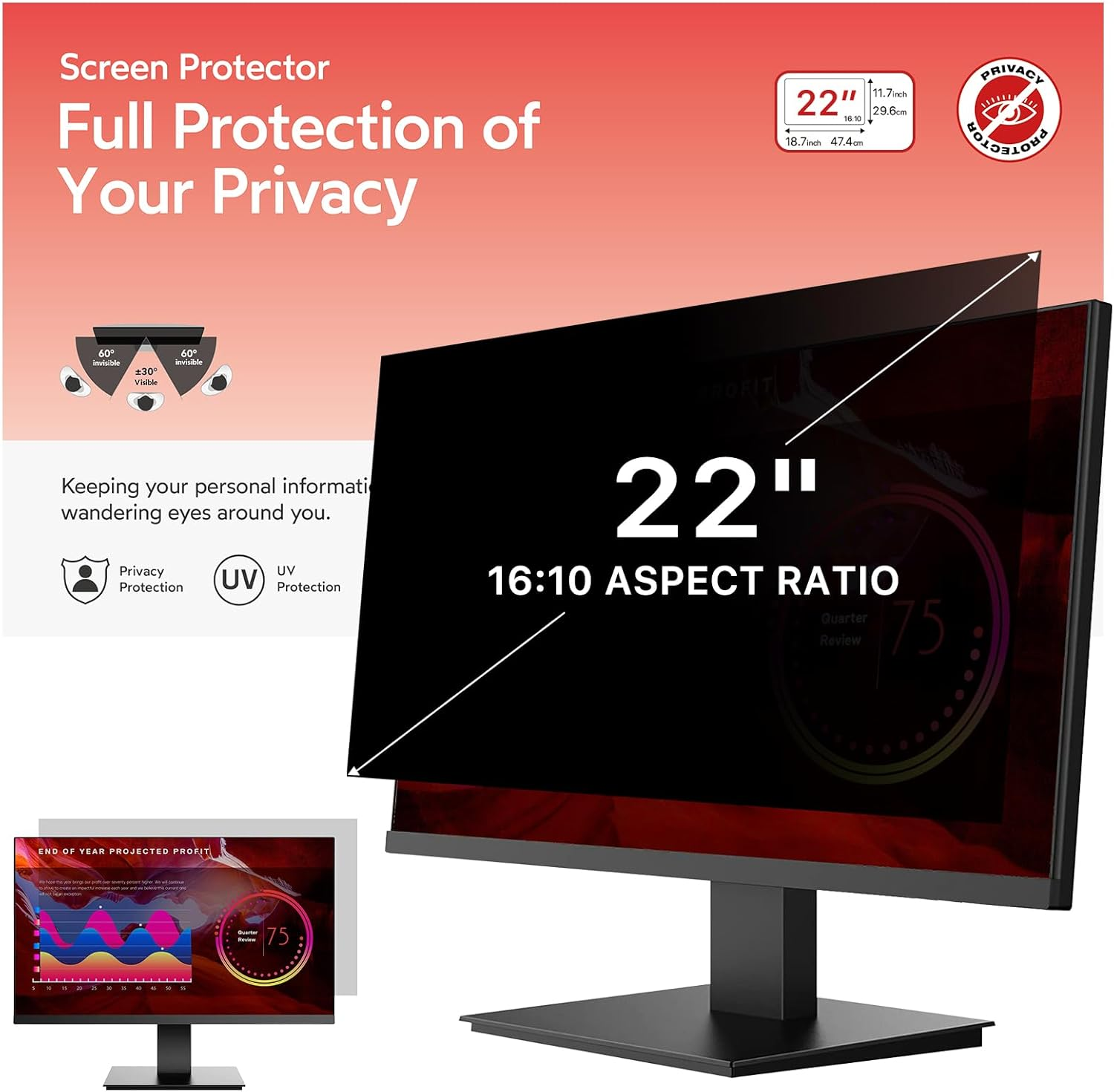 BERSEM 22 Inch Monitor Computer Privacy Screen Filter for 16:10 Ratio,Removable Monitor Anti-Glare & Privacy Filters for 22 Inch, anti Blue Light, Anti-Spy, Anti-Scratch, Uv-Blocking Peripherals