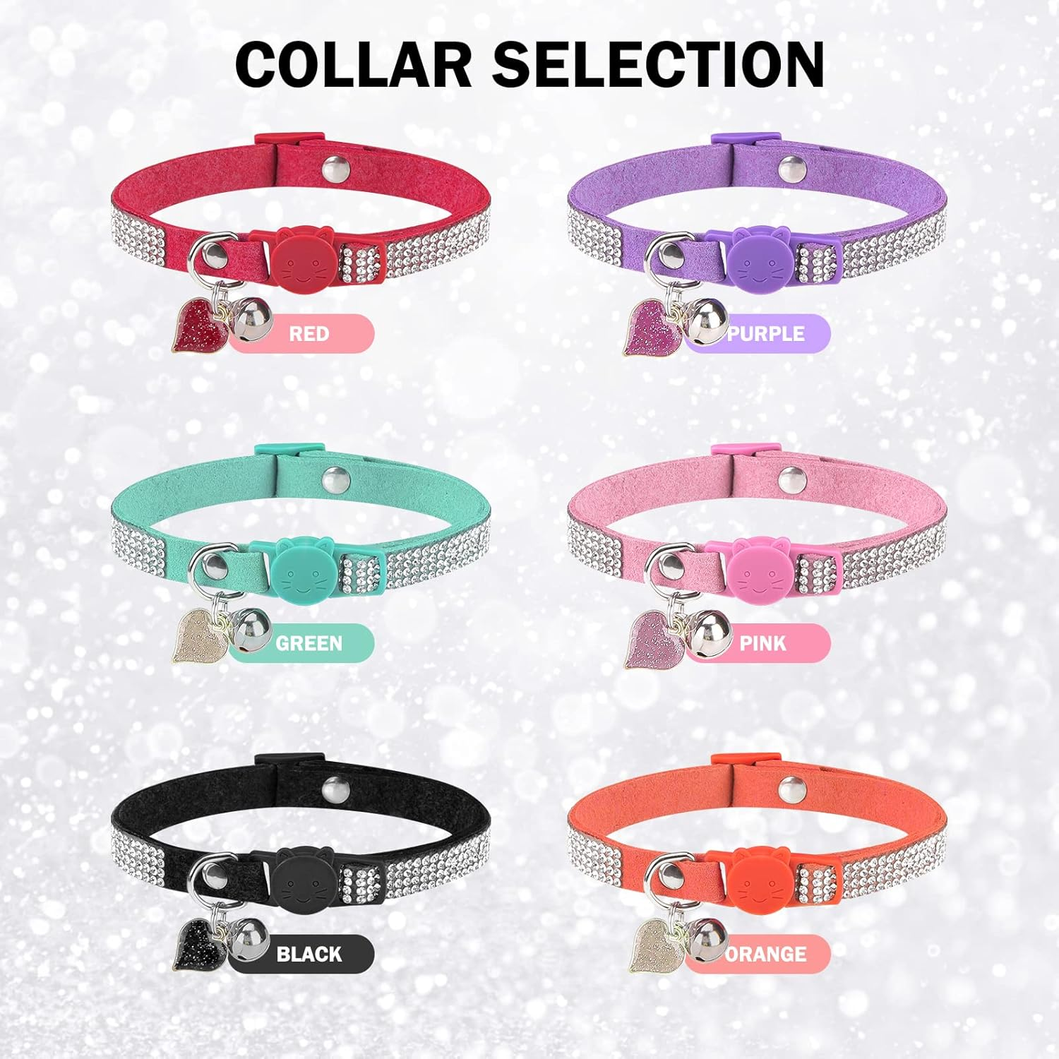 DILLYBUD Rhinestone Cat Collar Breakaway with Bell, Diamond Cat Collar with Safety Buckle Quick Release for Girl Boy Small Kitten Pets Puppy,Cute Soft Female Male Cat Collars, Color Green 8-12" image number 6