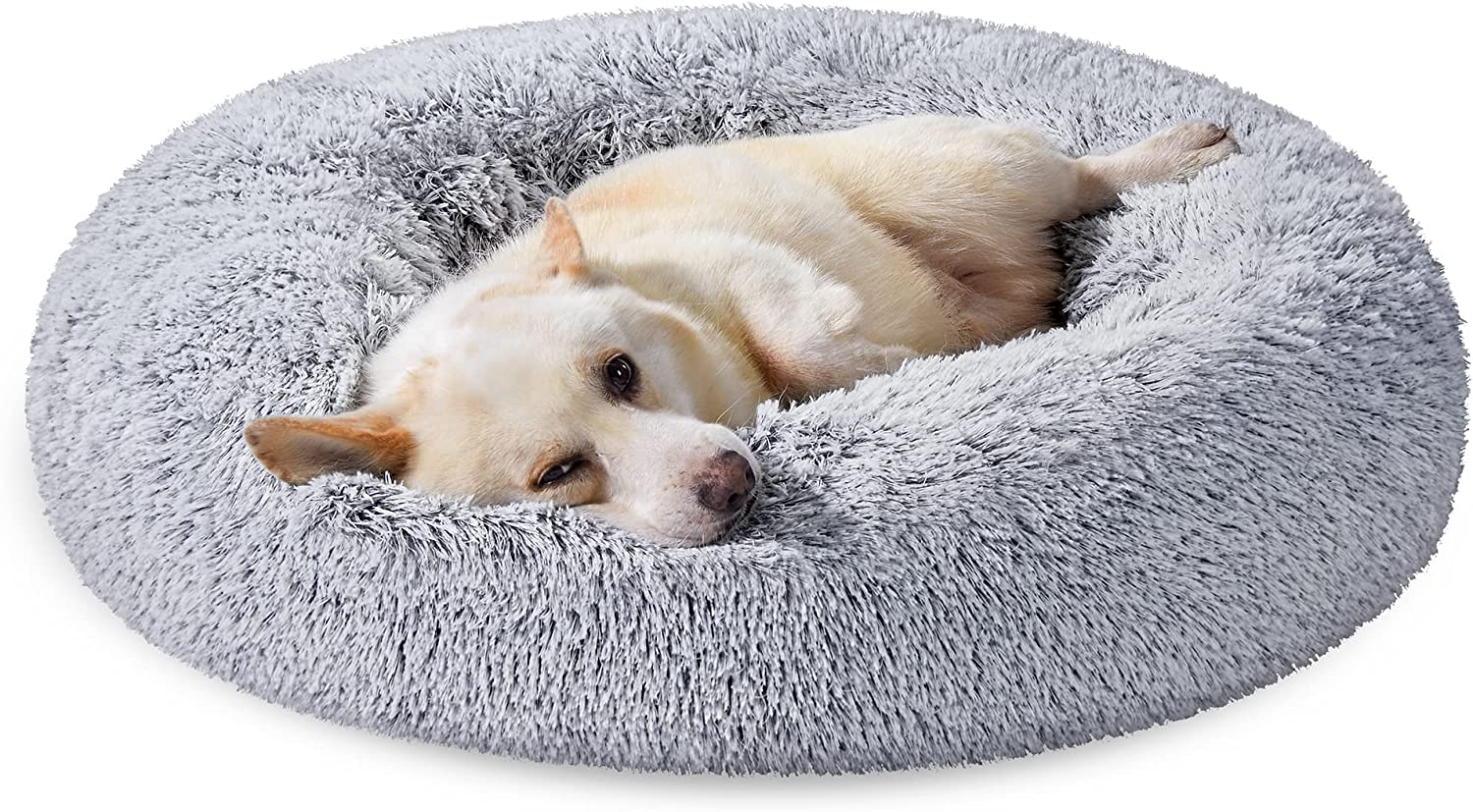 Feandrea Fluffy Dog Bed, Cat Bed, Doughnut Cushion, Washable, Removable Padding in the Centre, Long Plush, 60 Cm Diameter, Ombre Grey PGW038G01