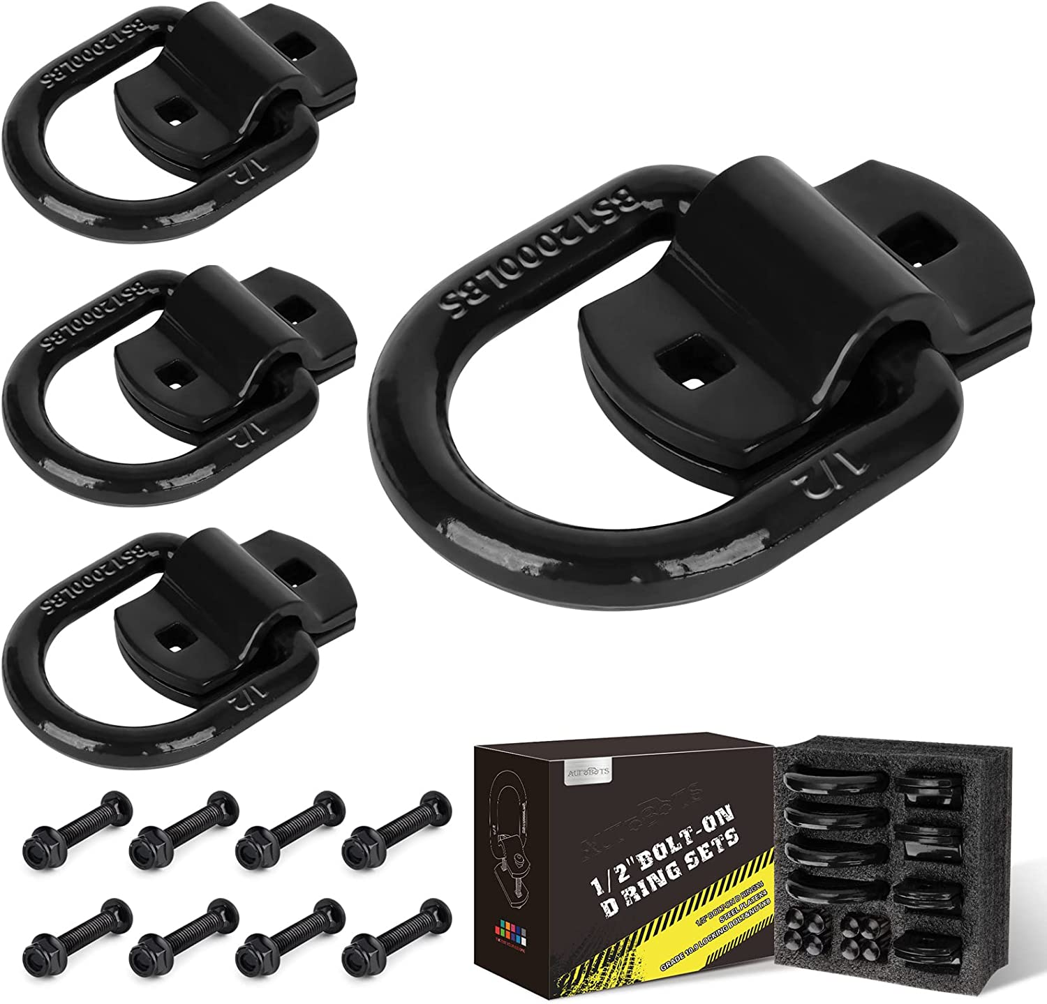 AUTOBOTS 1/2" Heavy Duty Bolt-On Forged D Ring, 12000Lbs Break Strength Tie down Anchors Hooks, for Trailers, Trucks, and Cargo Tie Downs (Pack of 4) Black
