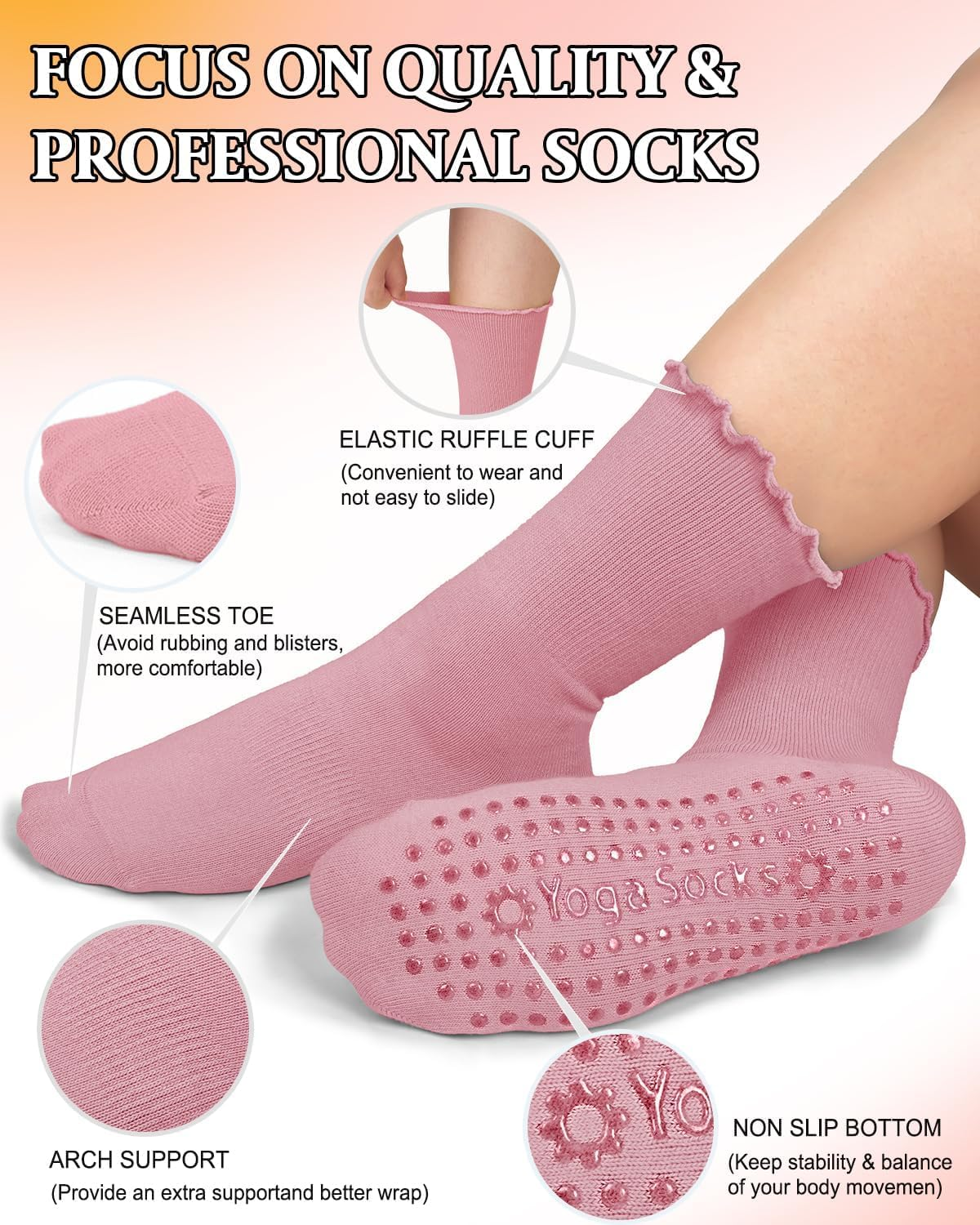 ZANZER Pilates Women'S Yoga Socks with Non-Slip Grip, Ruffle Swivel Cuff & Crew Design - Anti-Skid Workout Socks (Black+Beige+Pink+White) image number 4