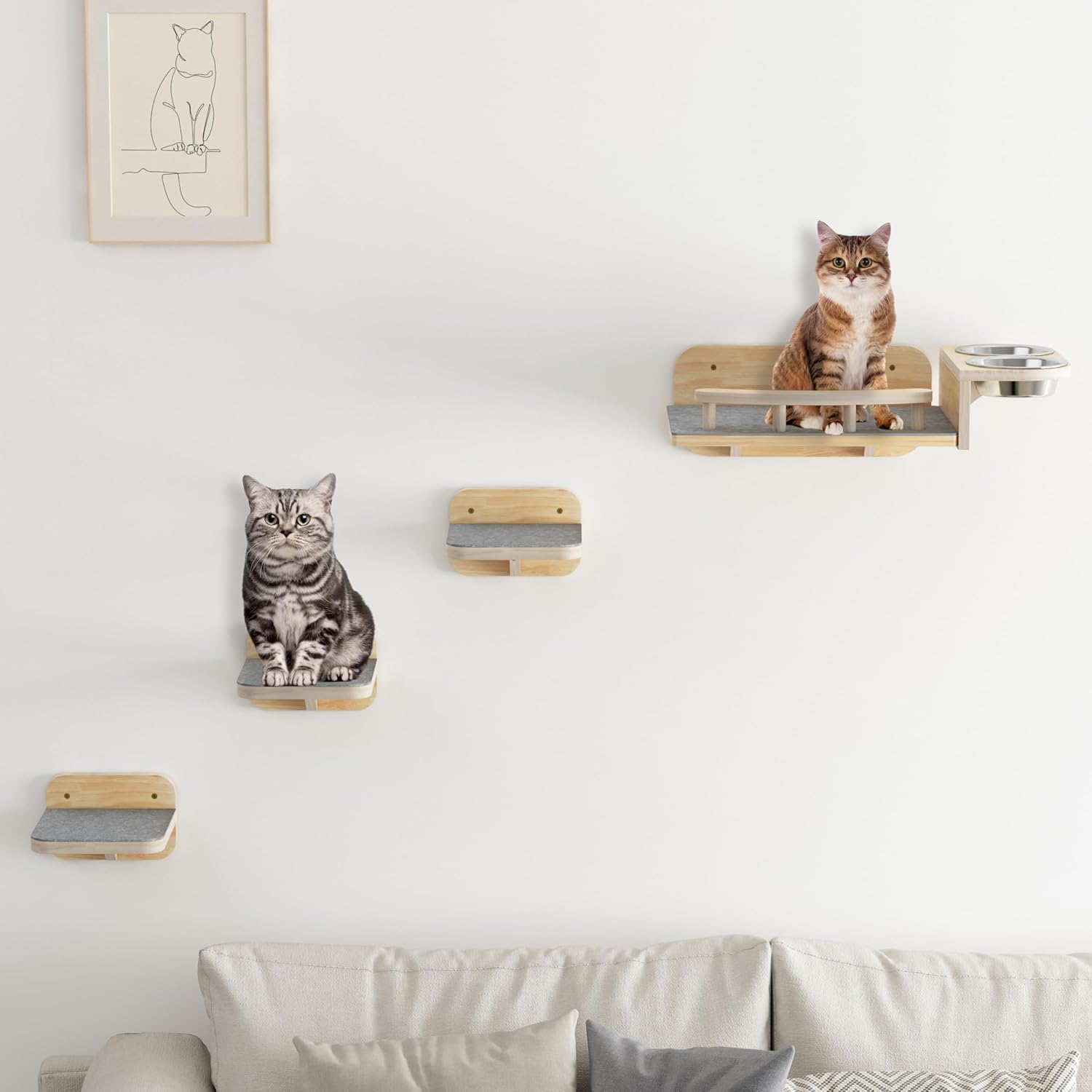Megidok Corner Cat Climbing Shelf Perches Set Furniture, Cat Bed Wall Mounted with Soft Cushion, Modern Floating Stairs for Wall Indoor-Wood Color&shy;
